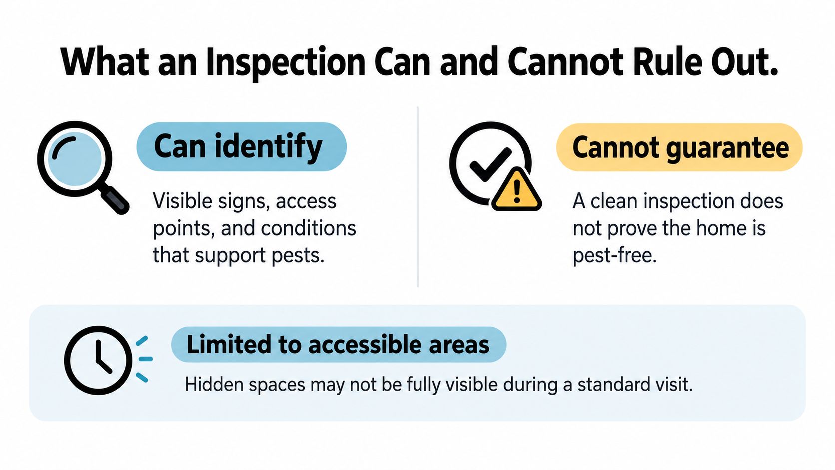 A graphic showing what pest control inspections identify, cannot guarantee, and their limitations regarding accessible areas.