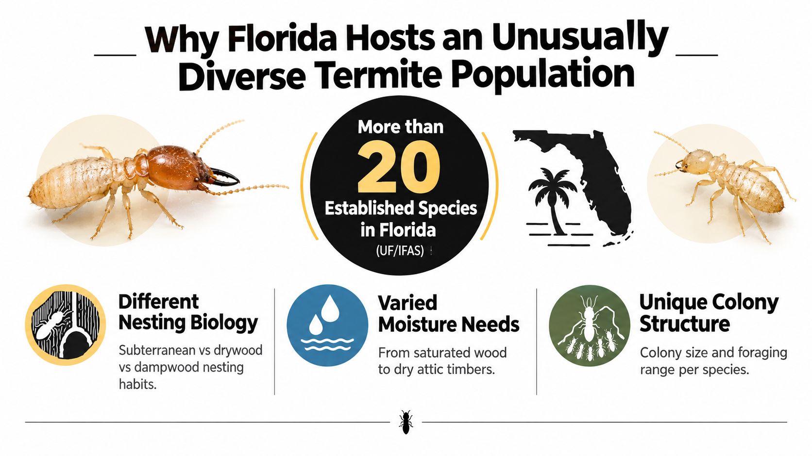 An infographic showing that Florida has over 20 established termite species due to nesting, moisture, and colony diversity.