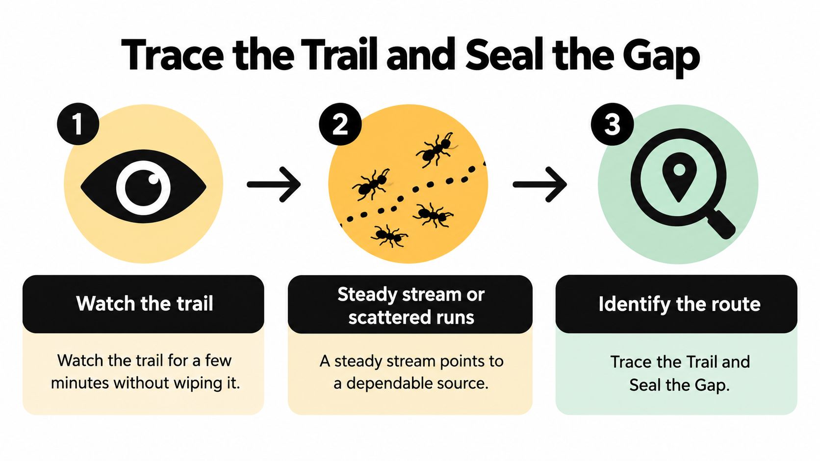 A three-step infographic showing how to observe and track ants to seal entry points in homes.
