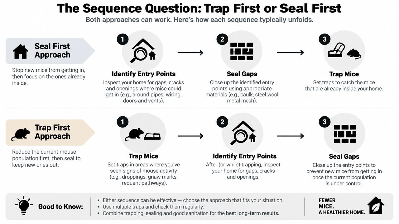 An infographic showing two effective strategies for mice control: the Seal First approach versus the Trap First approach.