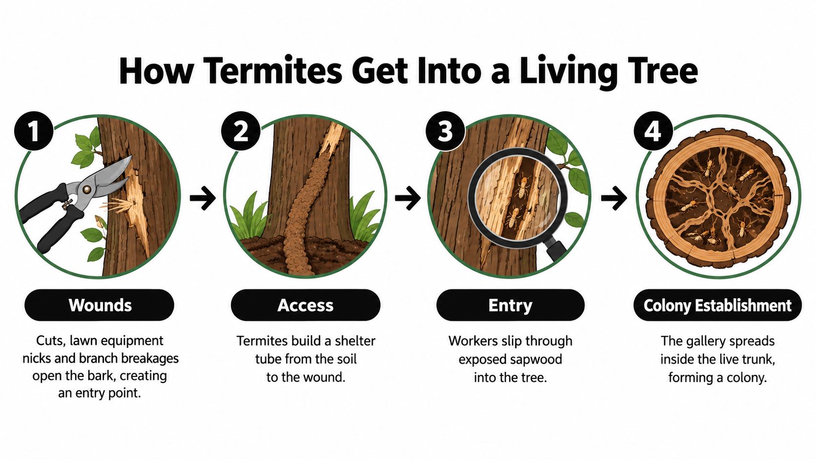 A diagram illustrating how termites penetrate, access, and establish colonies within a living tree trunk.