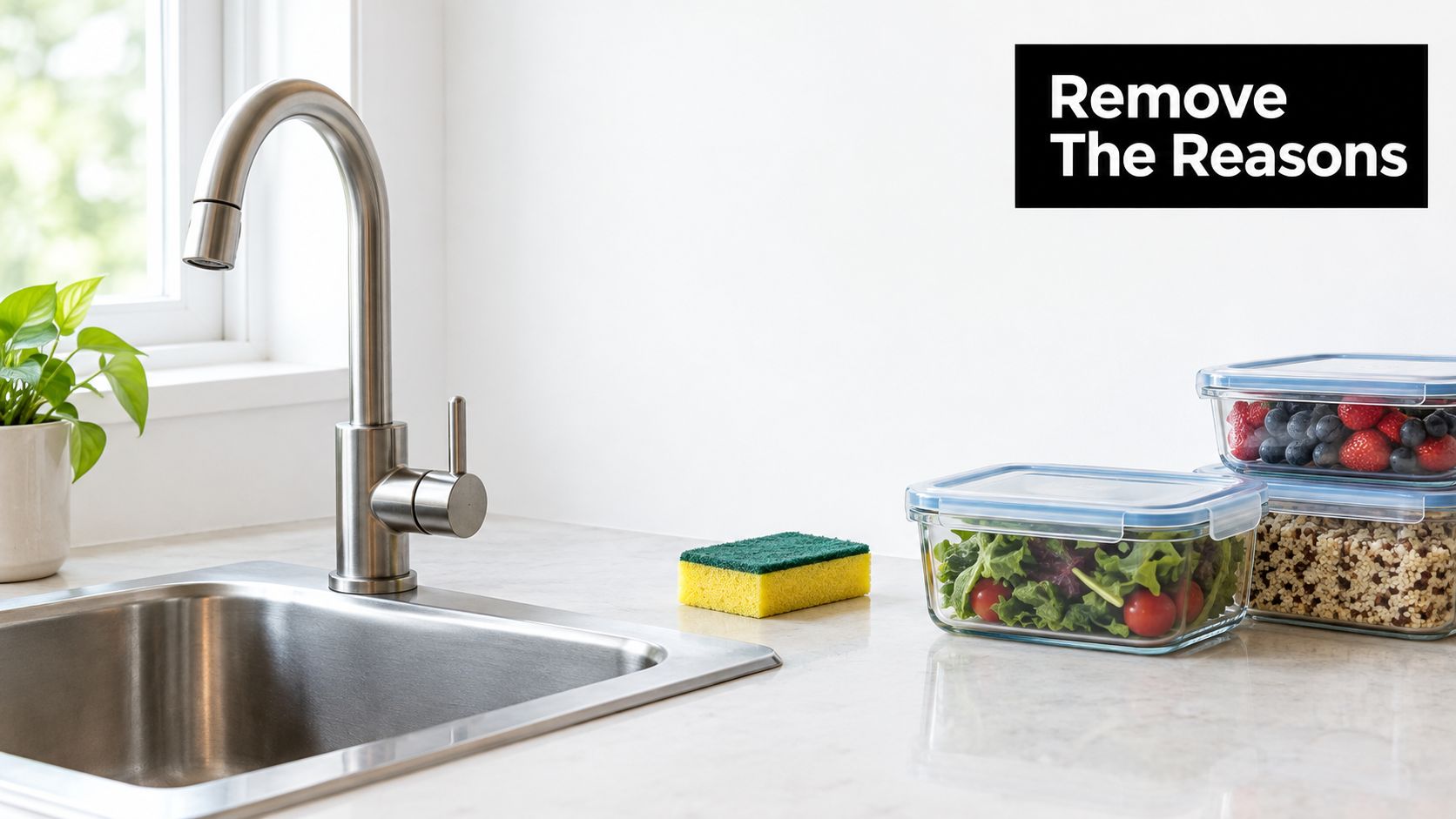 A clean kitchen sink area featuring food storage containers, a sponge, and a small potted plant.