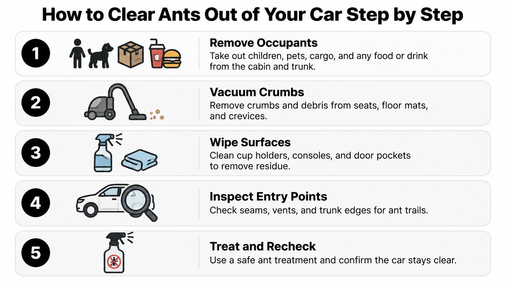 An infographic titled How to Clear Ants Out of Your Car listing five simple cleaning steps.