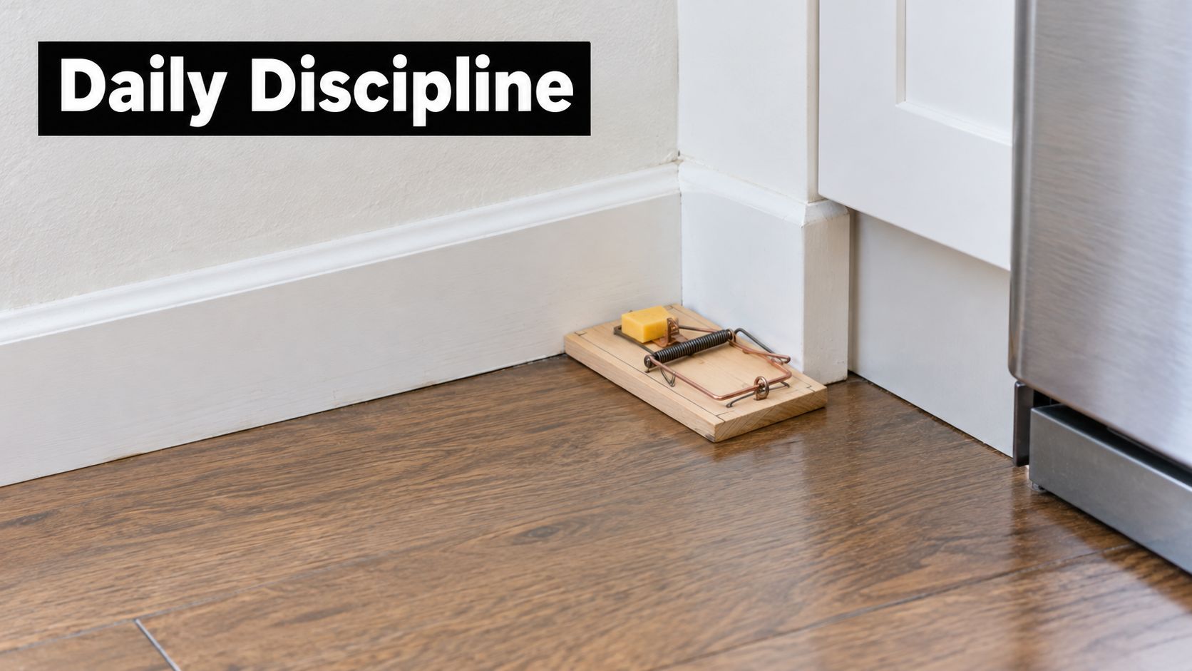 A wooden mouse trap baited with a small piece of cheese placed on a wooden floor.