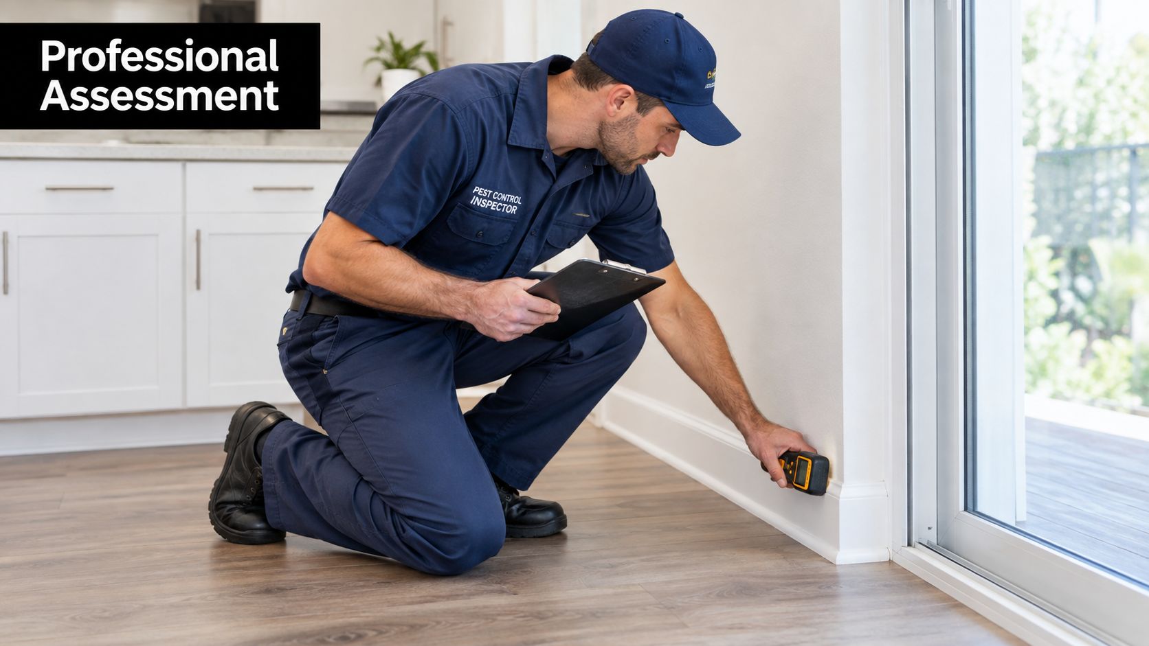 A professional pest control inspector checking for termite infestation in a house using electronic equipment.