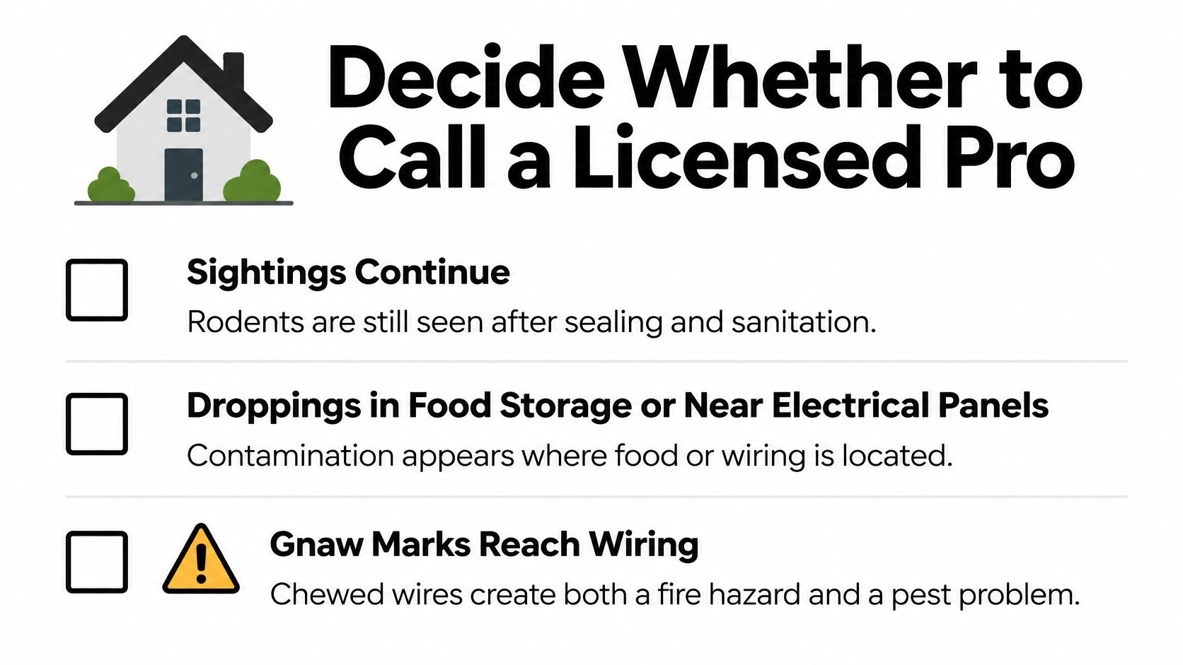 A checklist for deciding when to call a professional pest control service for mice or rats.