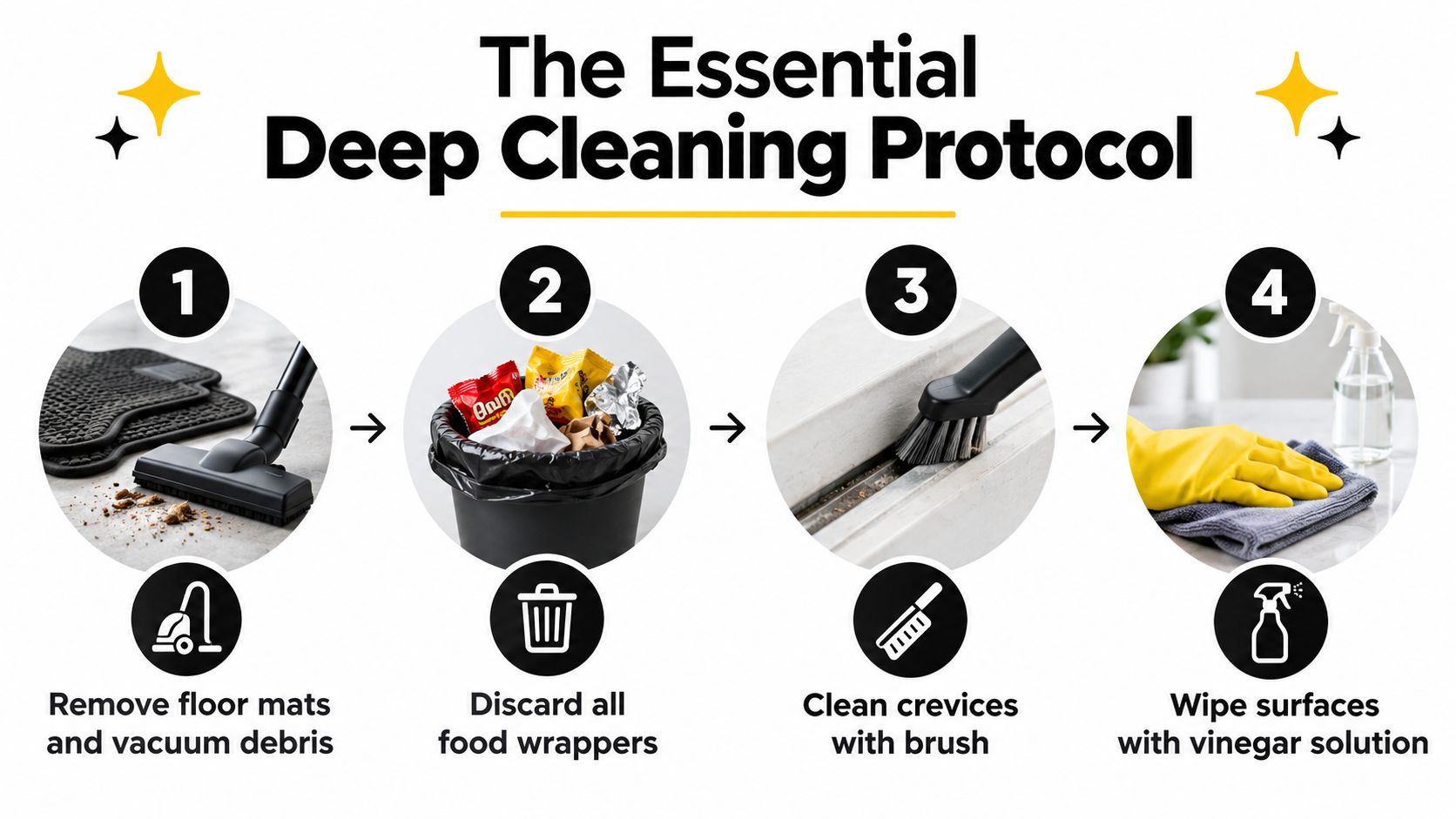 A four-step infographic illustrating a deep cleaning protocol to help with getting rid of roaches in cars.