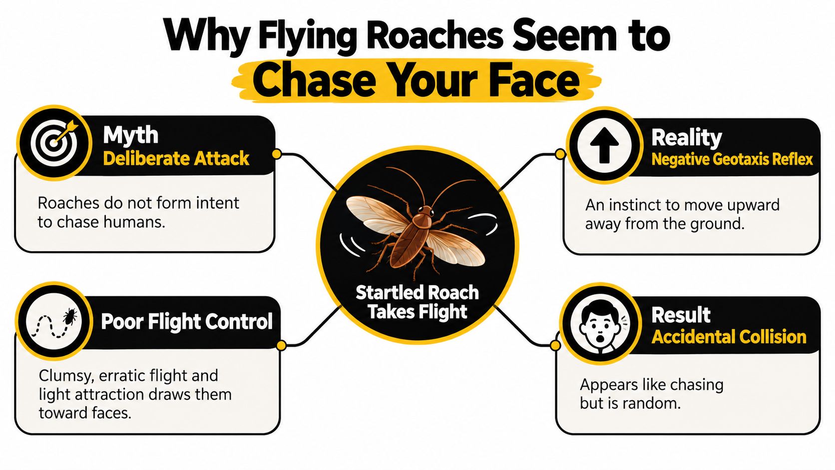 An infographic explaining why flying roaches are not attacking humans, but are instead having accidental collisions.