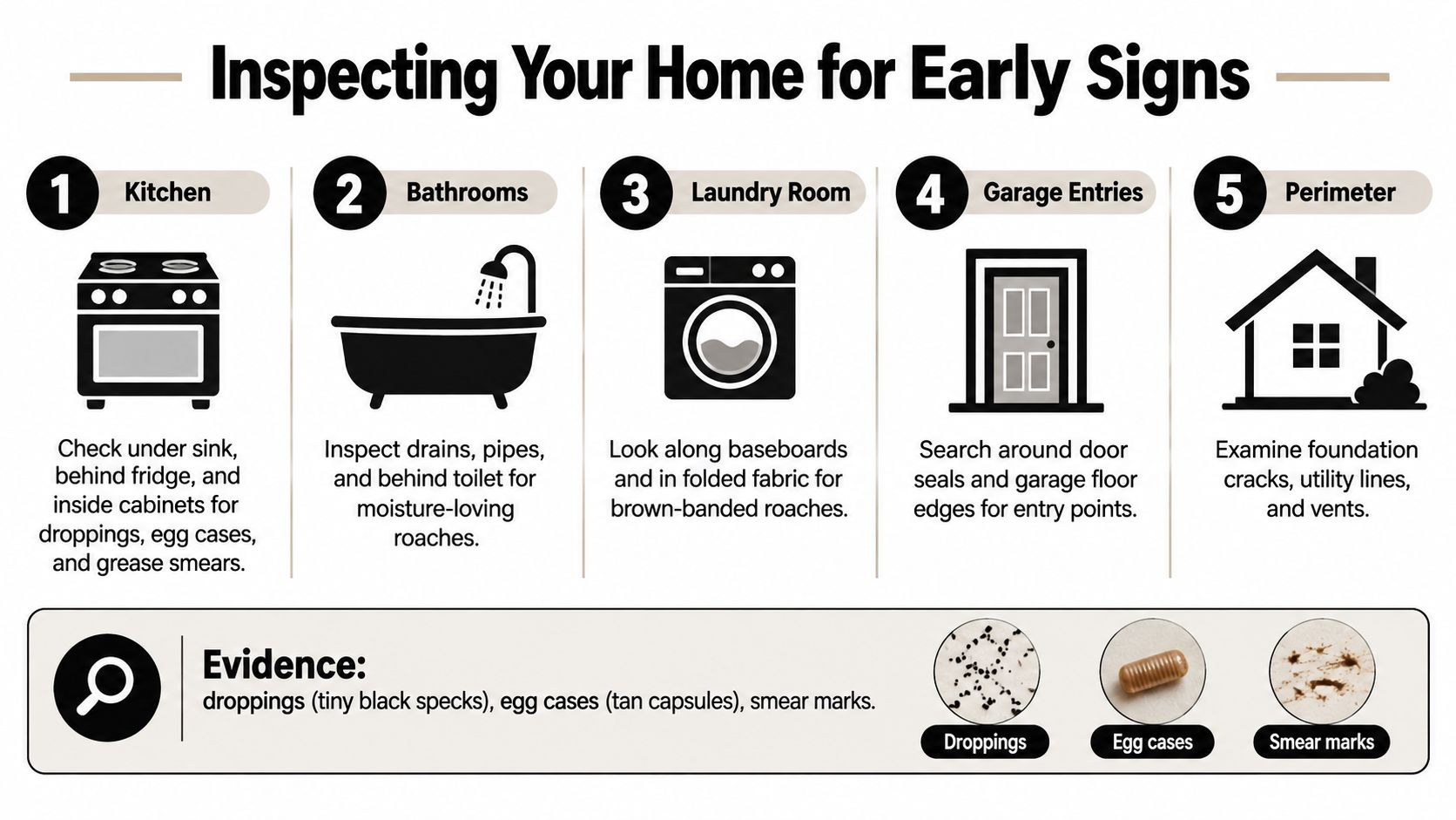 An infographic showing five key home areas to inspect for early signs of a cockroach infestation.