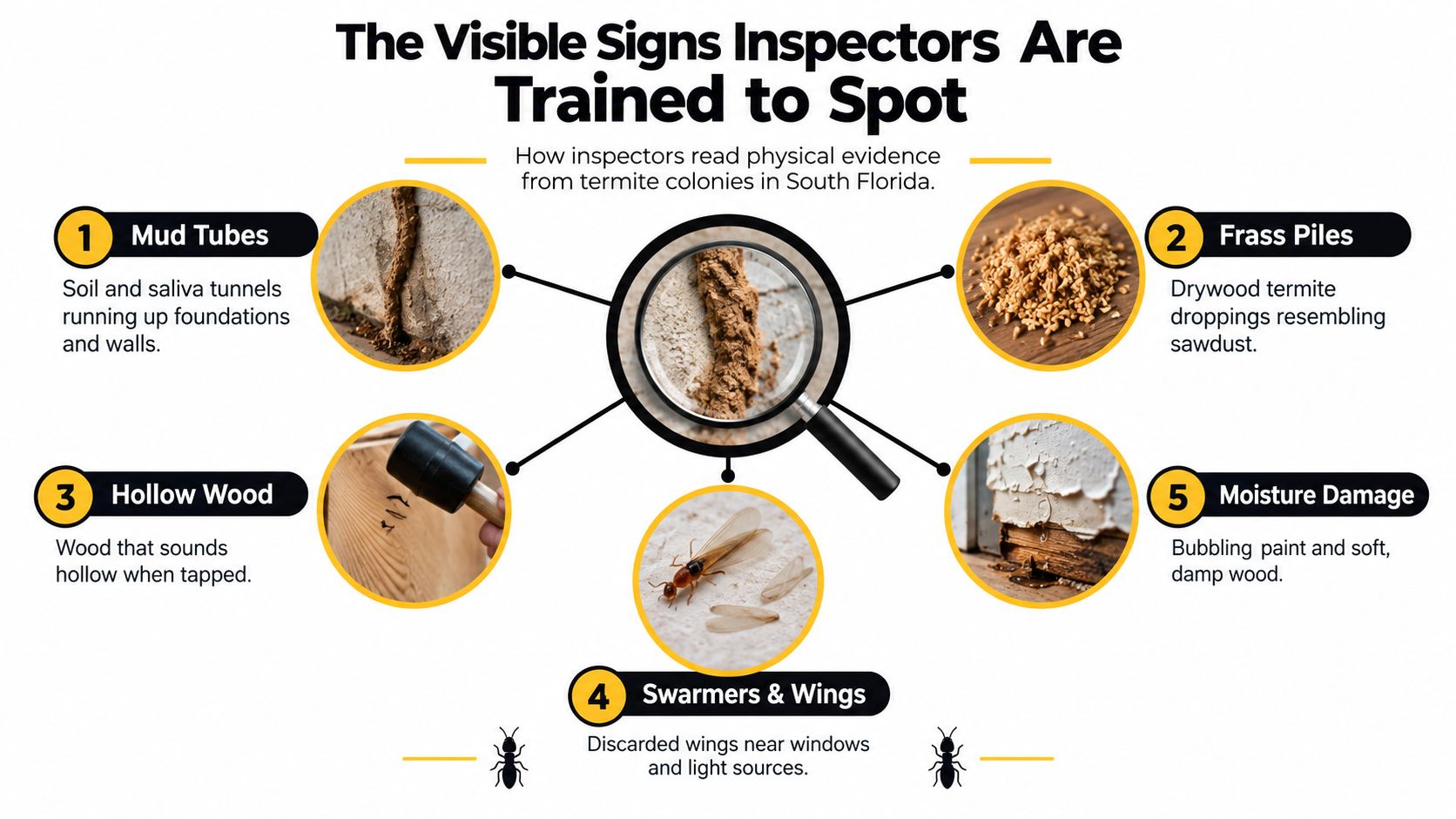 An infographic showing five common visible signs inspectors look for during a termite inspection.