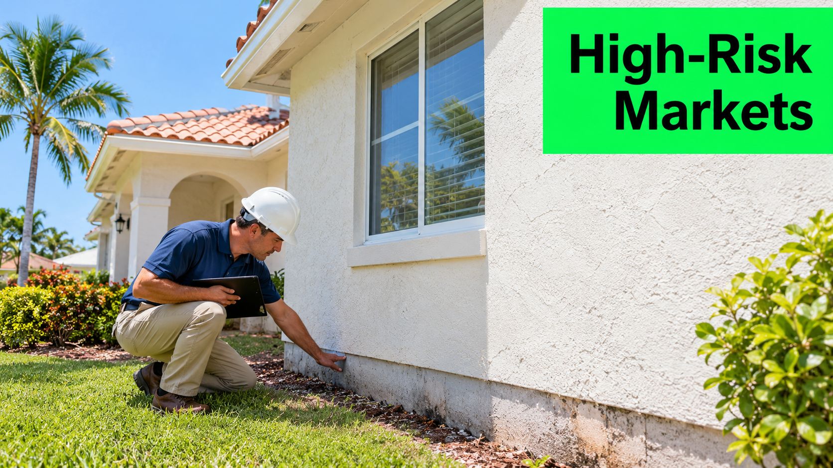 A professional building inspector wearing a hard hat examines the foundation of a home for pests.