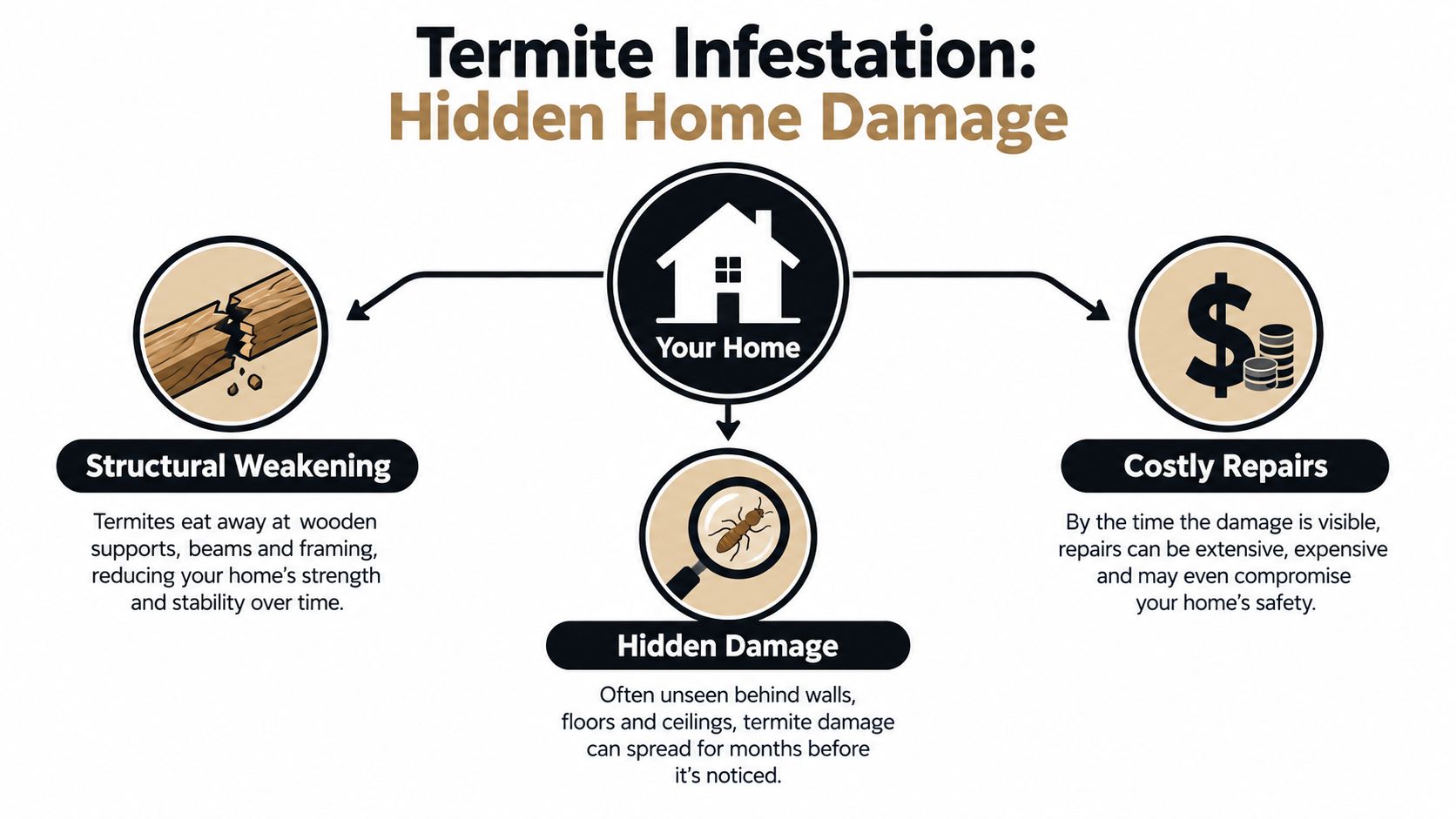 An infographic showing how termite infestations cause structural weakening, hidden damage, and costly home repairs.
