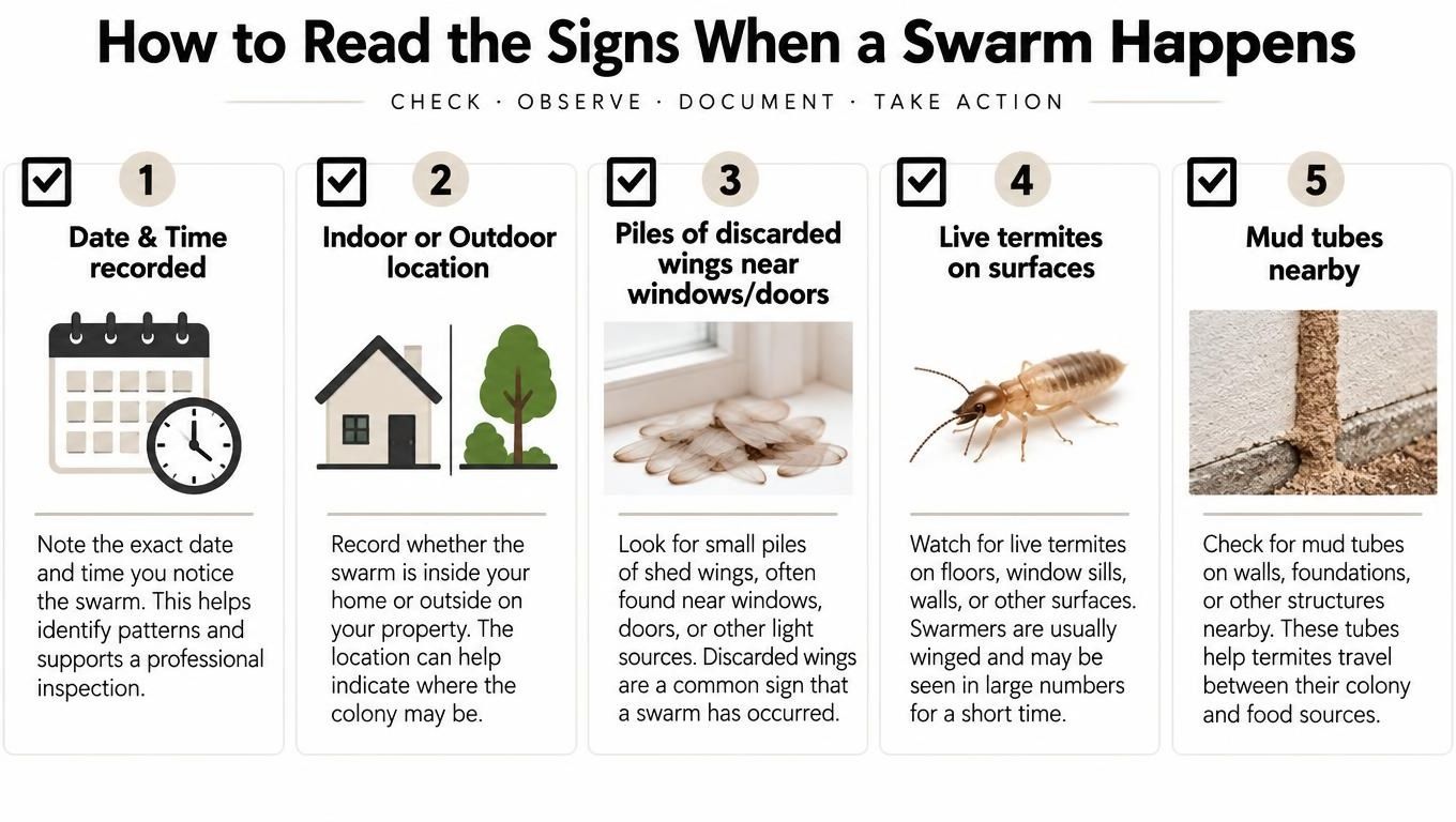 An infographic titled How to Read the Signs When a Swarm Happens, outlining five key indicators of termite activity.