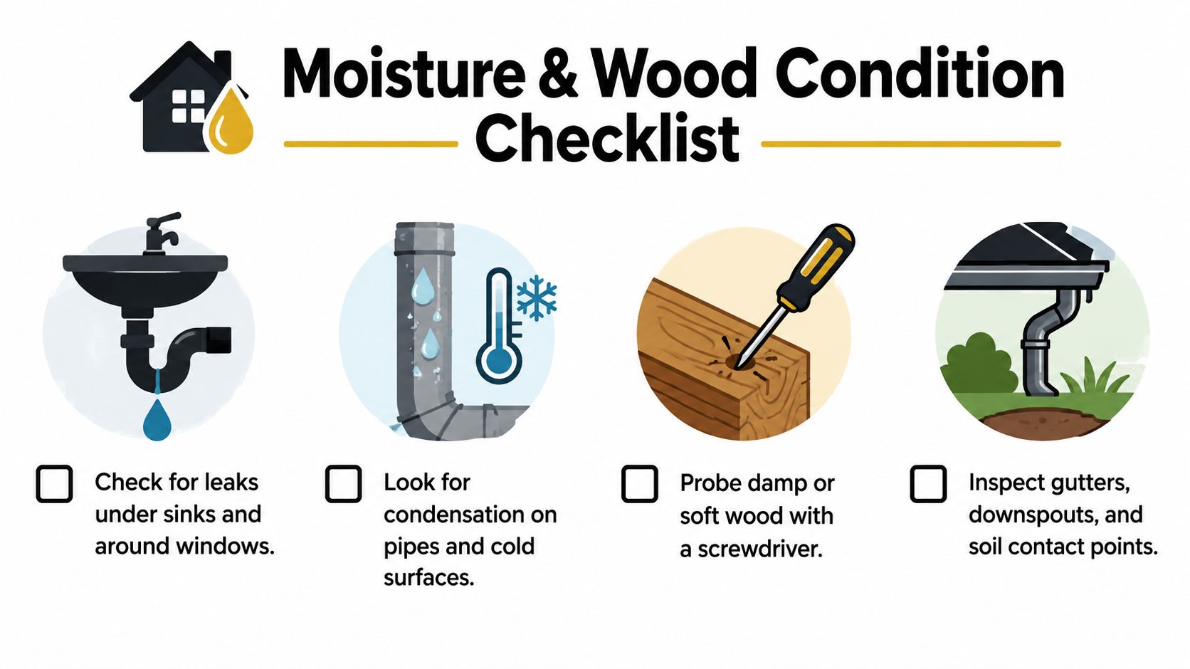 A moisture and wood condition checklist featuring icons and instructions to detect potential termite or ant infestations.