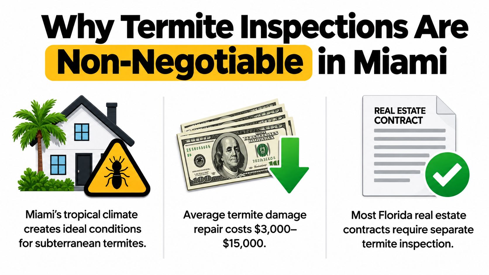 An infographic explaining why professional termite inspections are necessary for home buyers in the Miami climate.