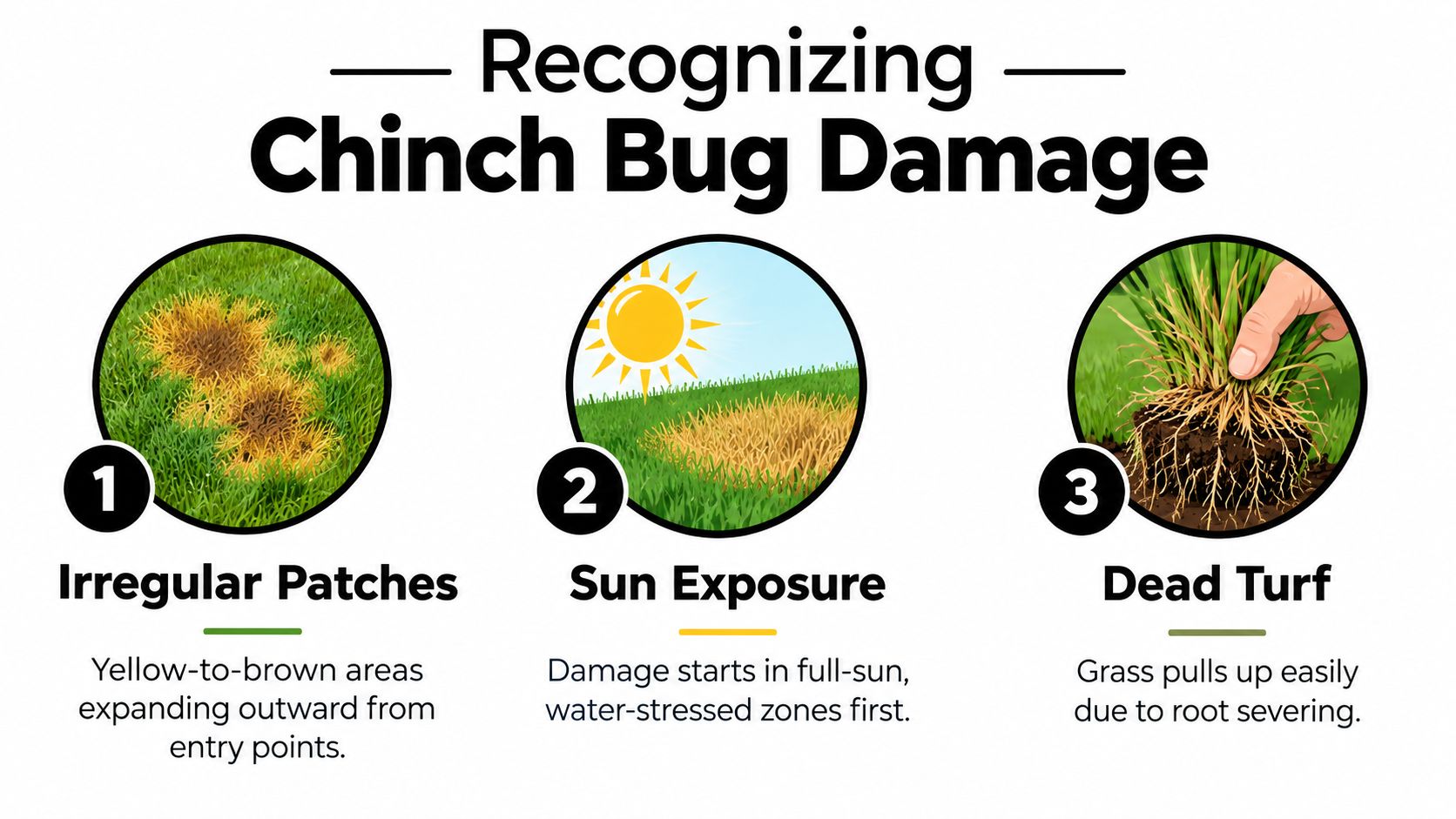 An infographic illustrating three signs of chinch bug damage: irregular patches, sun exposure, and loose dead turf.