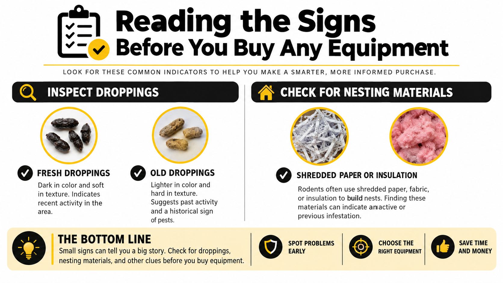 An infographic showing signs of pest infestation like droppings and nesting materials to help identify rodent problems.