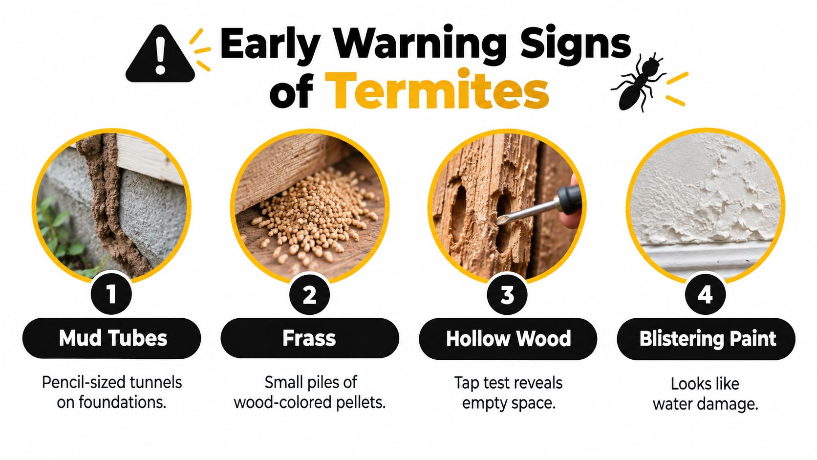 An infographic displaying four common signs of a termite infestation, including mud tubes, frass, hollow wood, and blistering paint.