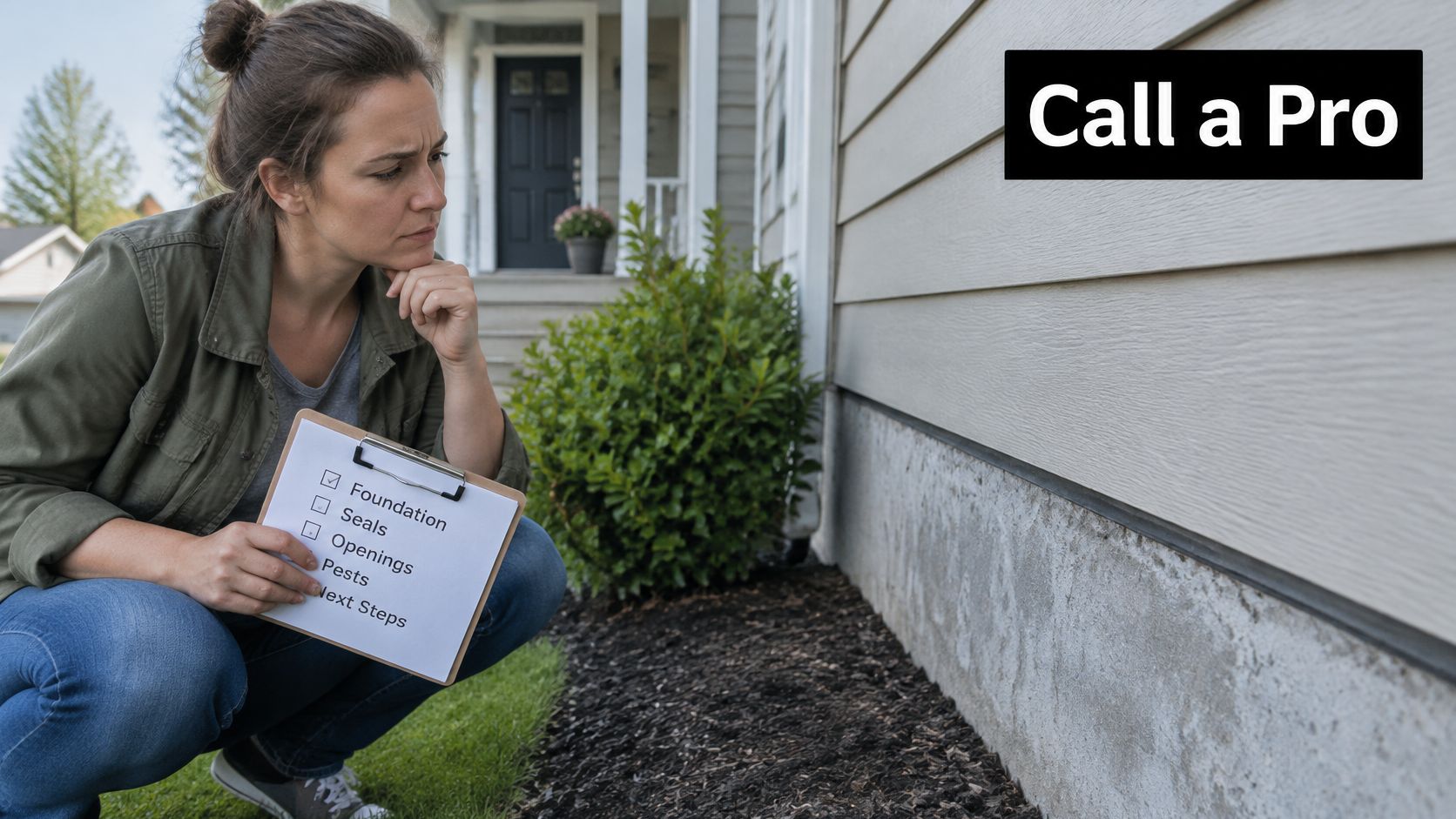 A concerned woman crouches outside her home checking a foundation inspection checklist to manage pest problems.