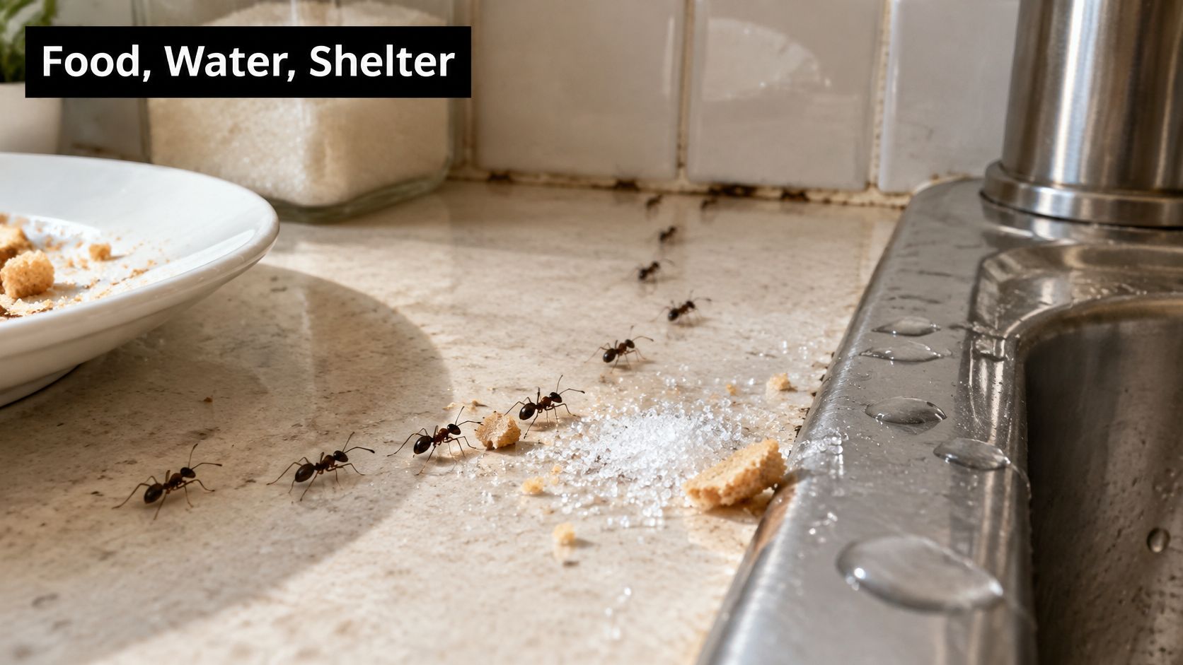 A line of ants marching across a kitchen counter towards sugar spills, bread crumbs, and water drops.