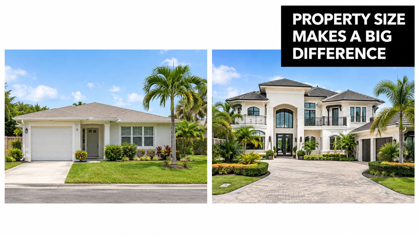A split image comparing a small suburban house and a large luxury home side by side.