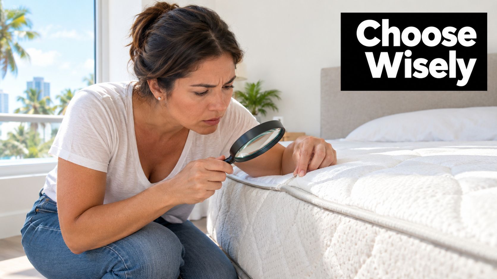 A concerned woman using a magnifying glass to closely inspect a mattress for signs of infestation.