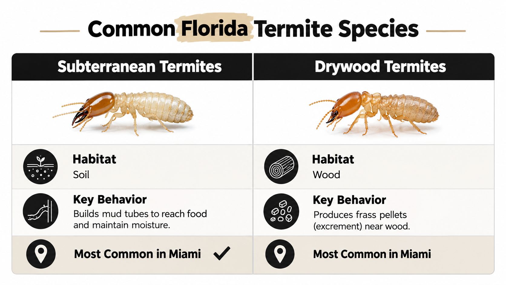 A comparison chart showing characteristics of Subterranean and Drywood termites found in Florida.