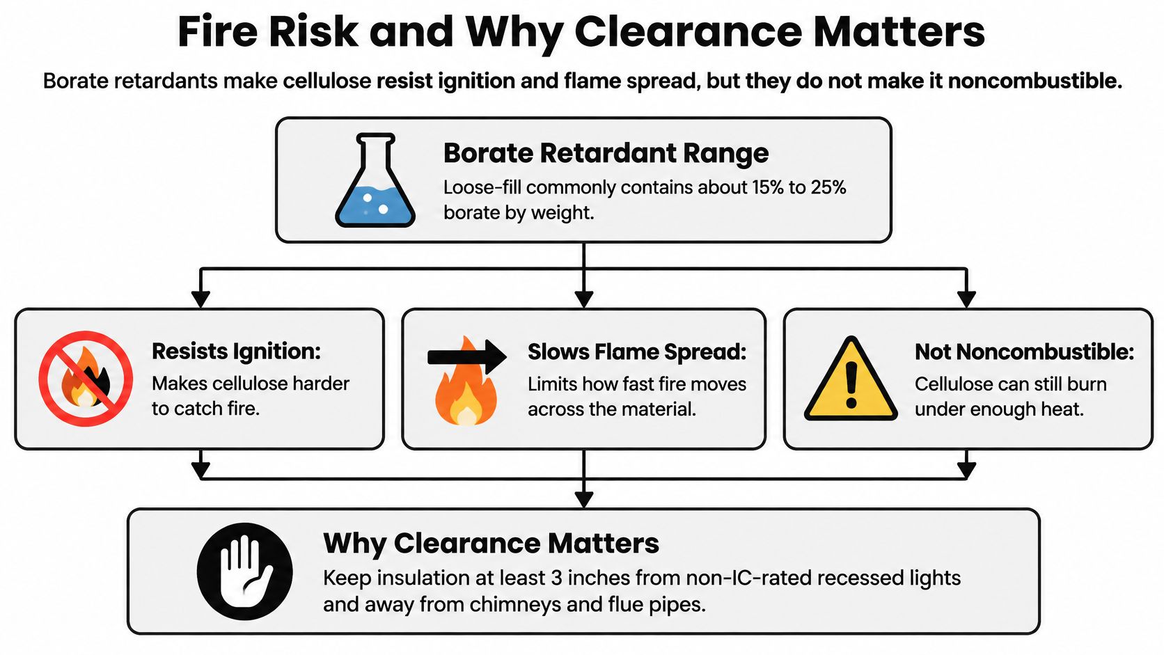 A diagram explaining that borate-treated cellulose insulation is fire-resistant but requires clearance from heat sources for safety.