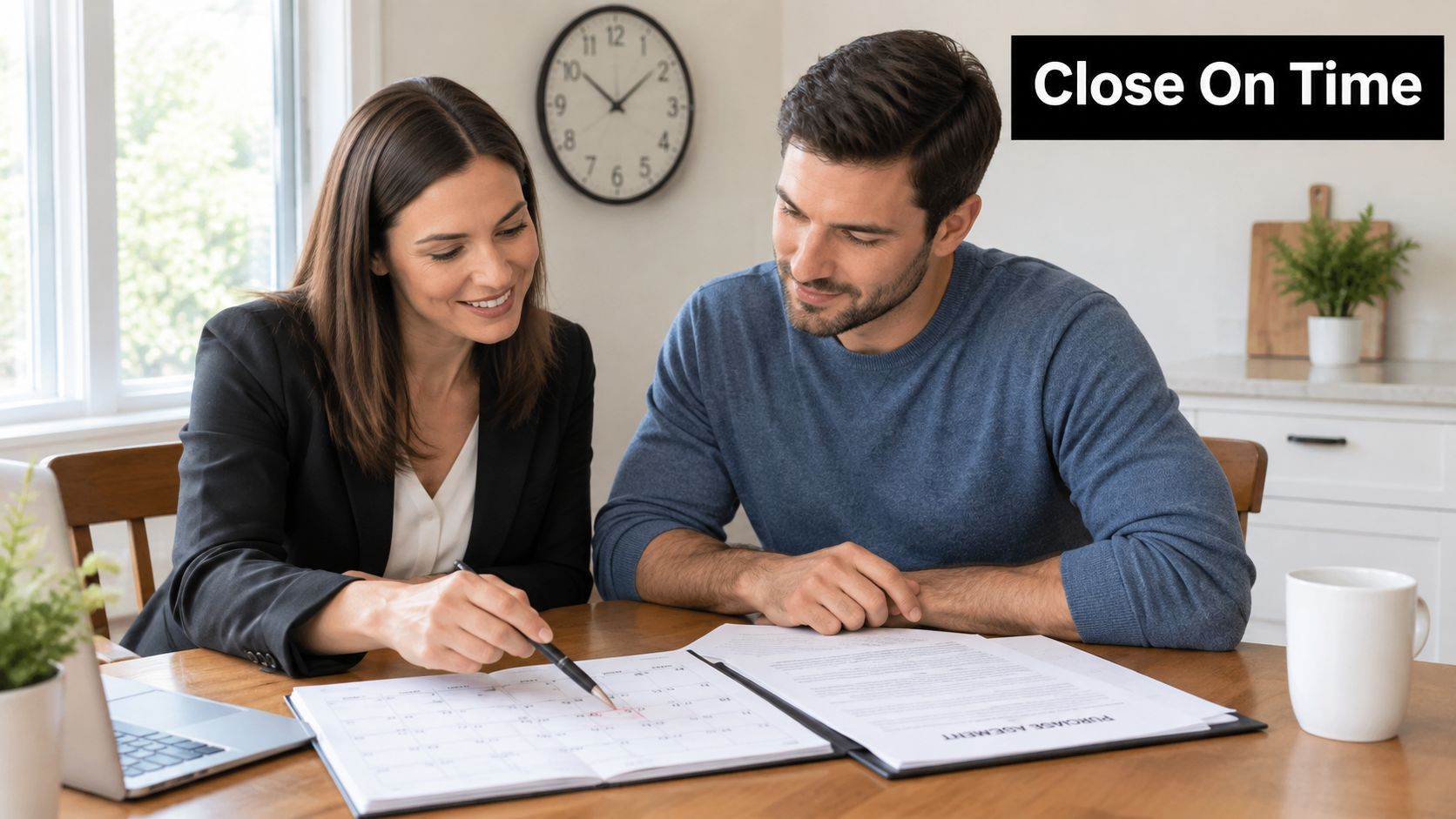 A professional real estate agent pointing at a calendar while discussing home purchase documents with a client.