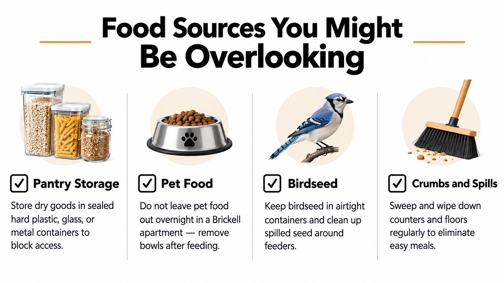 An infographic illustrating common food sources that attract pests, including pantry items, pet food, birdseed, and crumbs.