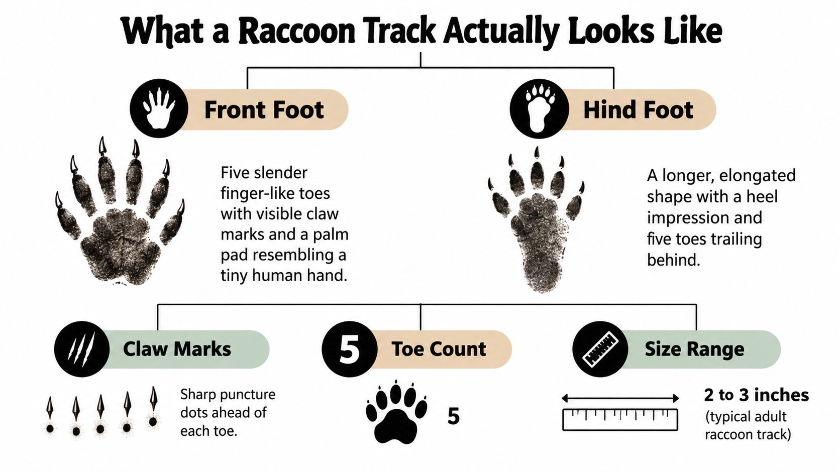 A diagram illustrating the identifying features and characteristics of front and hind raccoon tracks in the mud.