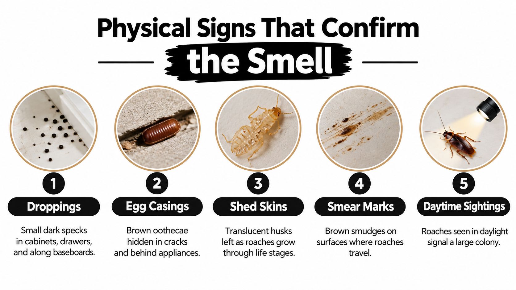 An infographic showing five physical signs of a cockroach infestation, including droppings, egg casings, and shed skins.