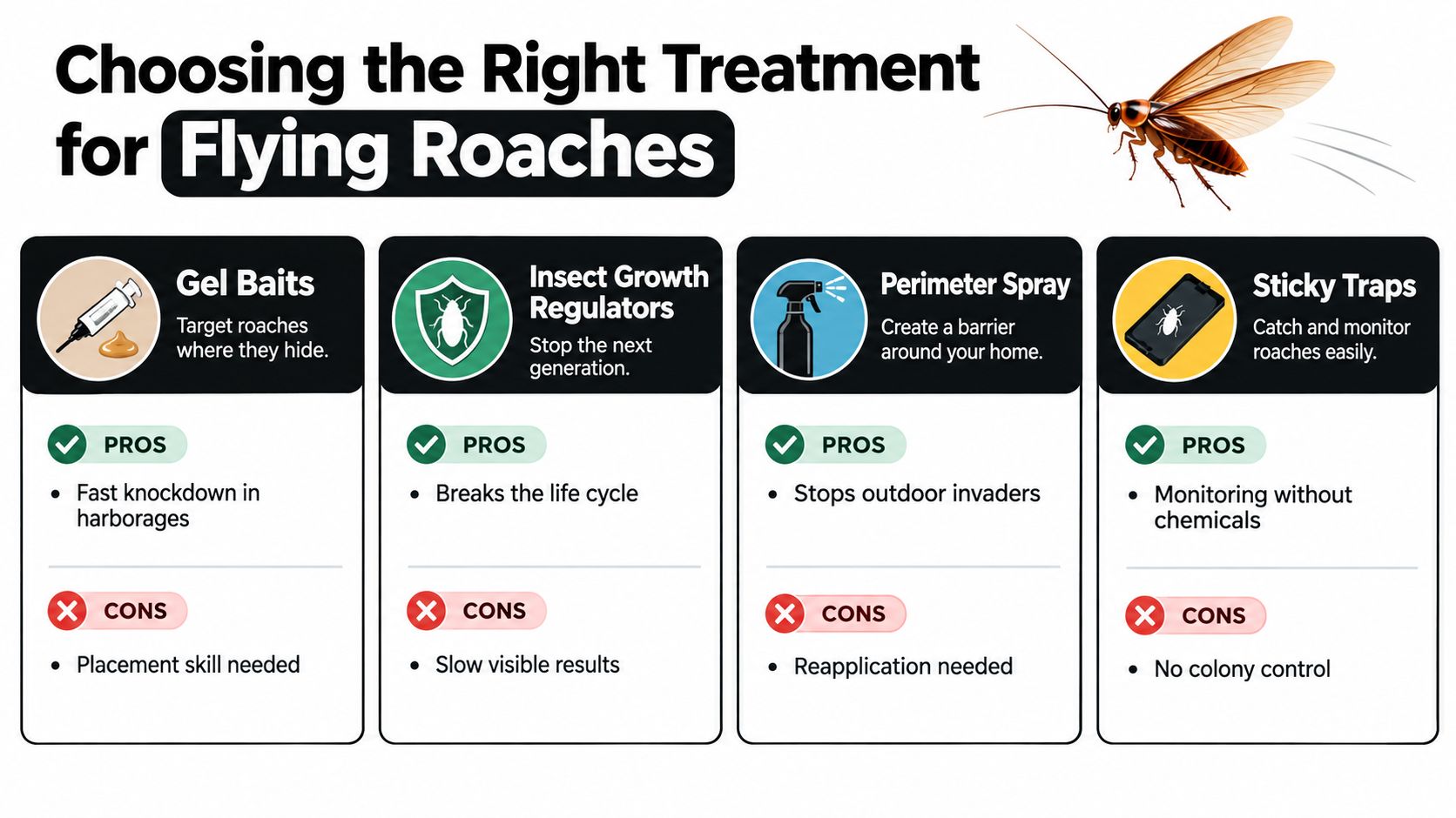 An infographic showing four effective treatment options for controlling flying cockroaches including their pros and cons.