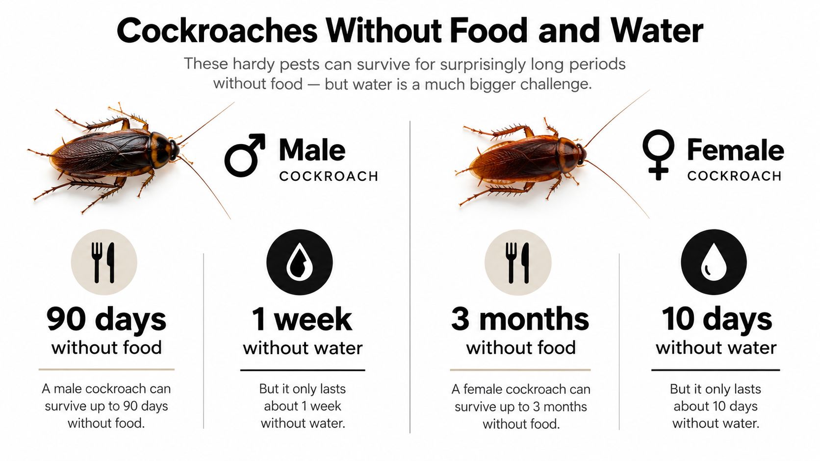 An infographic comparing how long male and female cockroaches can survive without food and water.