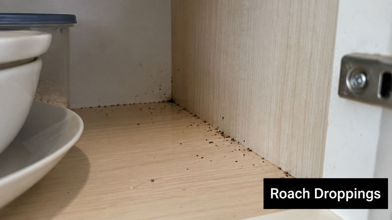 A close-up view of roach droppings scattered on the inside corner of a kitchen cabinet shelf.