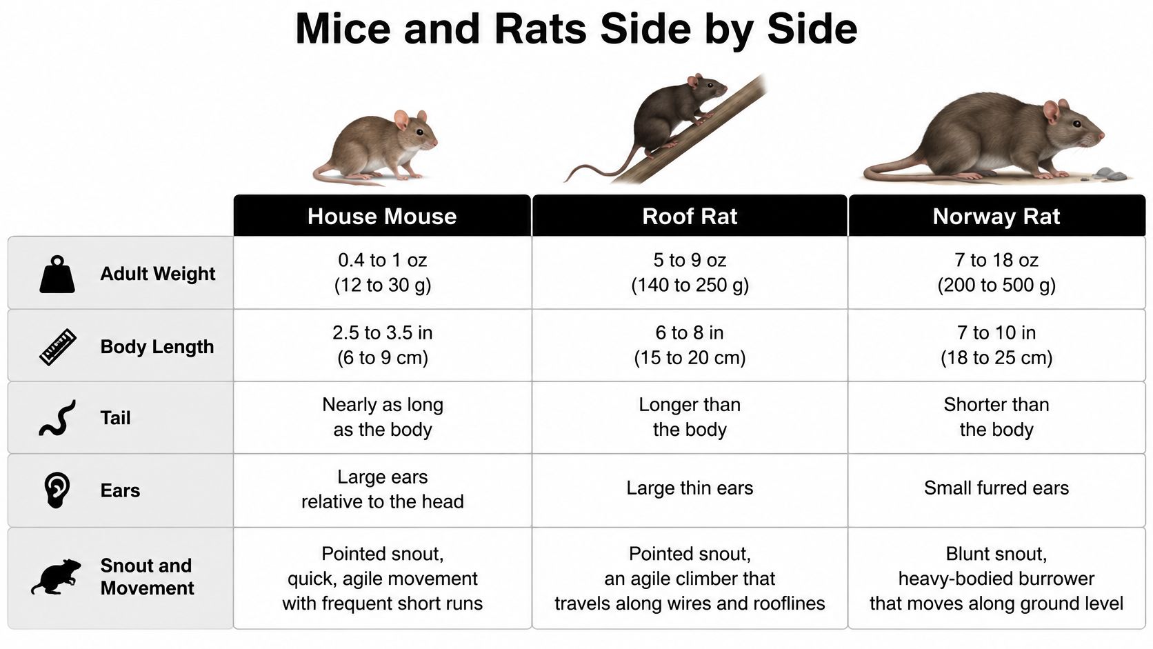 A comparison chart showing the weight, body length, tail, ears, and movement differences between mice and rats.