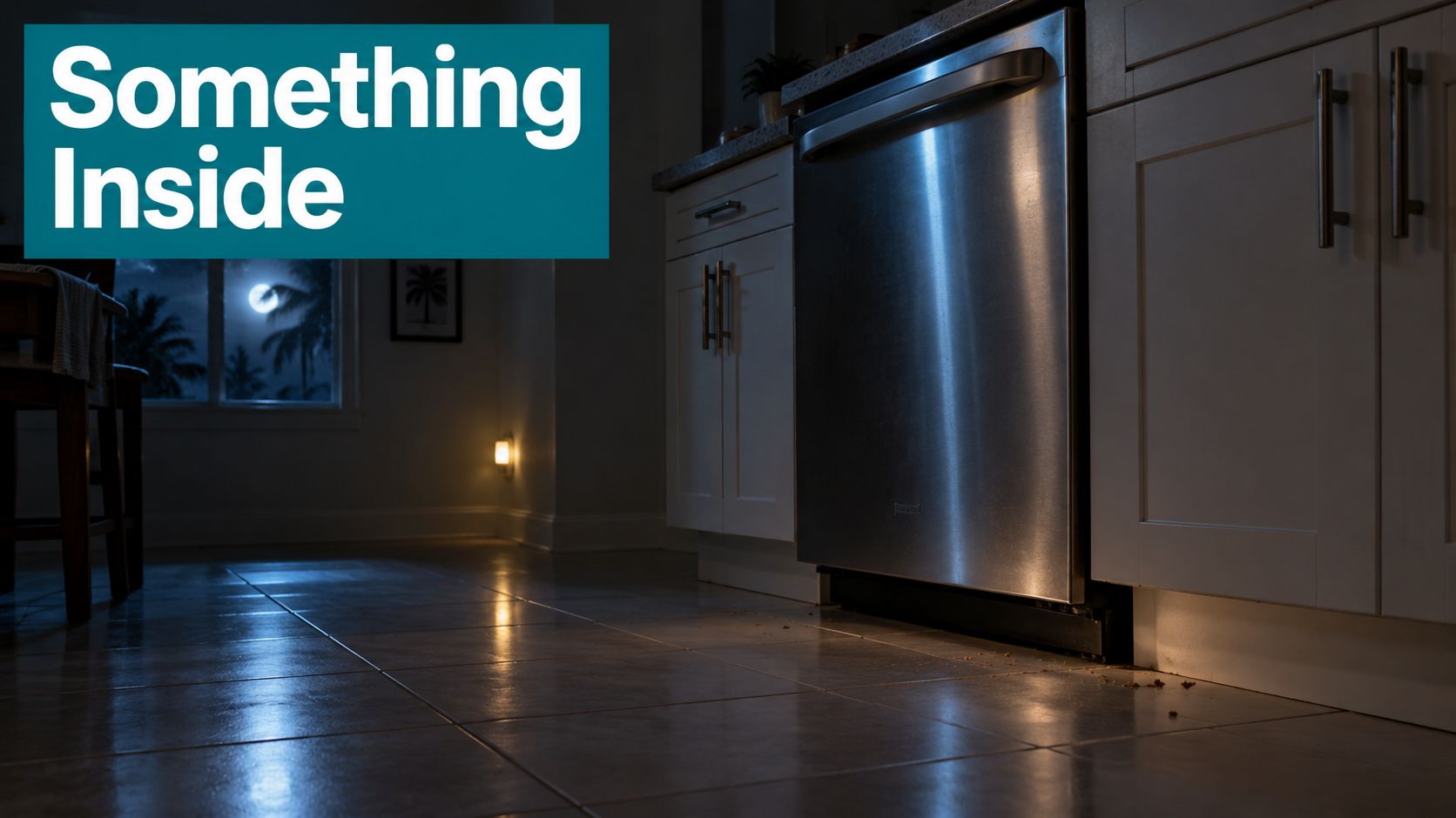 A darkened kitchen at night with a stainless steel dishwasher potentially harboring household pests like rats.