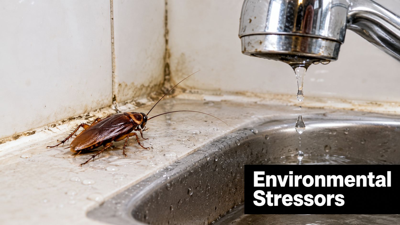 A brown American cockroach standing near a dripping kitchen faucet on a wet countertop surface.
