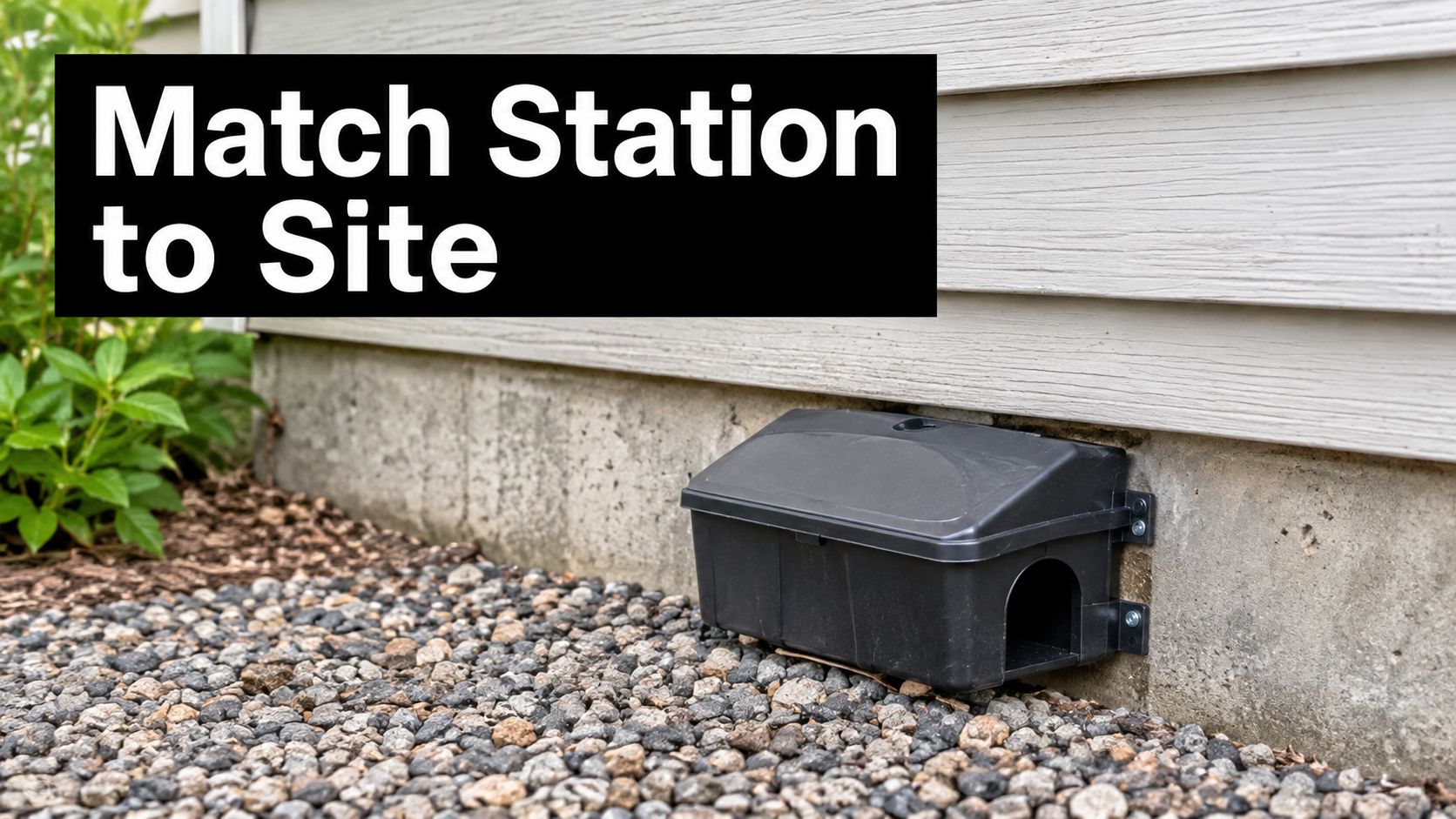 A black rodent bait station mounted to a concrete building foundation surrounded by gravel and green bushes.