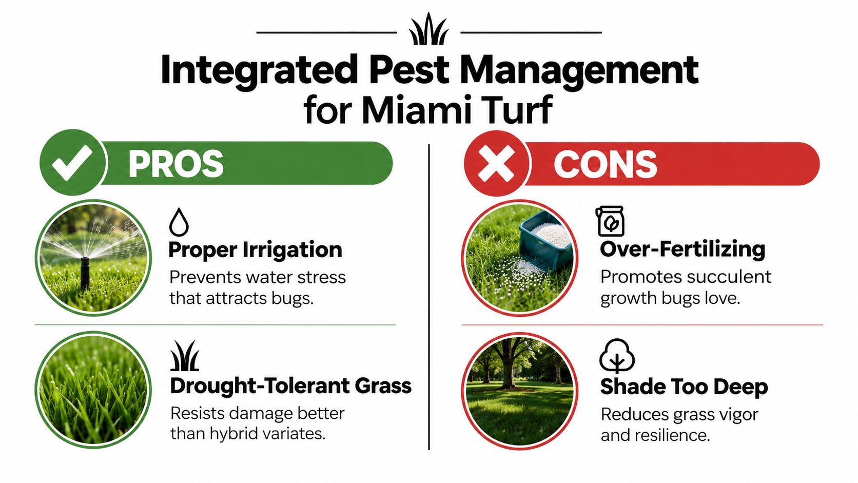 An infographic showing pros and cons of pest management for turf grass maintenance in Miami, Florida.