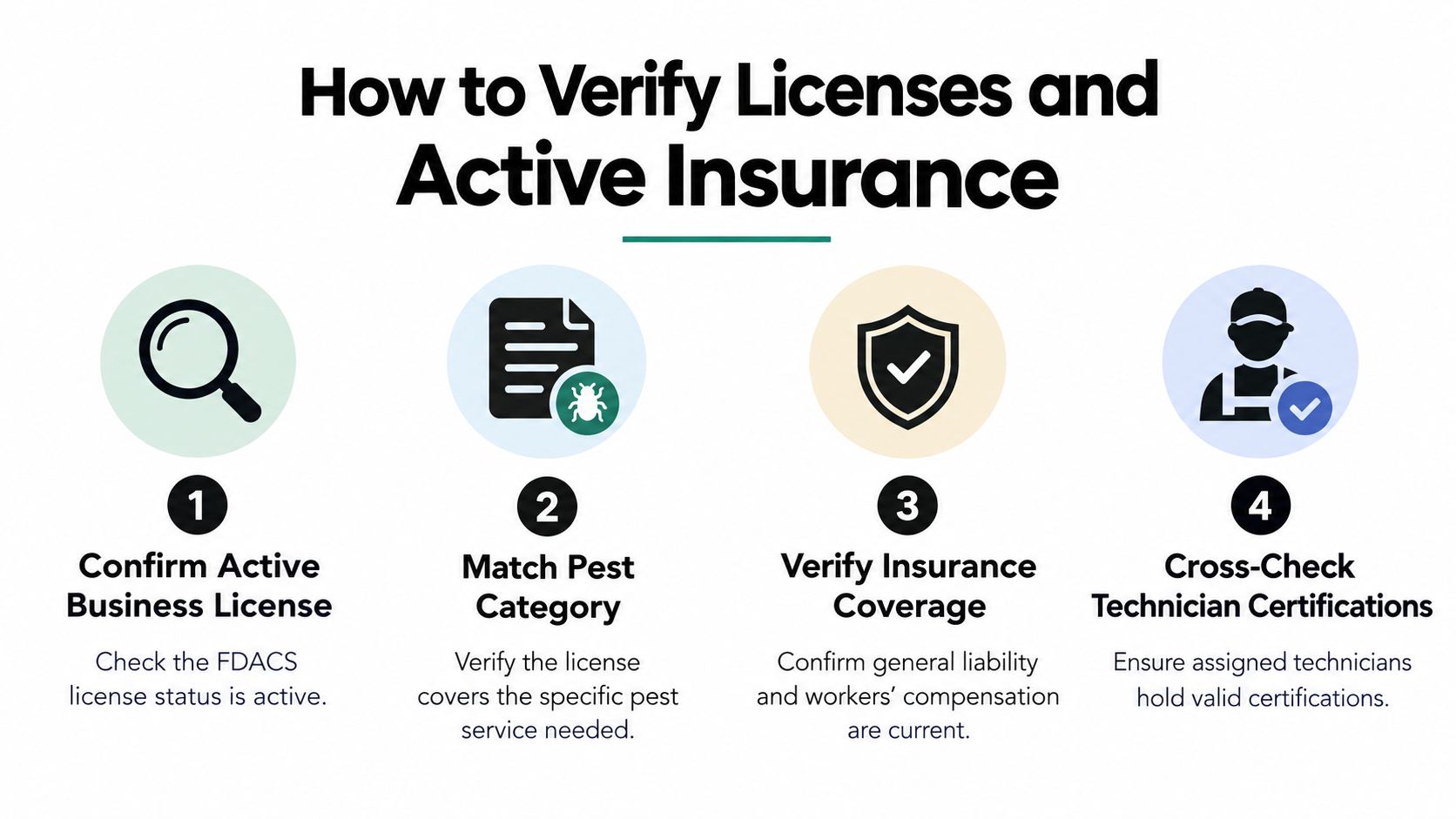 A four-step infographic illustrating how to verify licenses and active insurance for pest control companies.