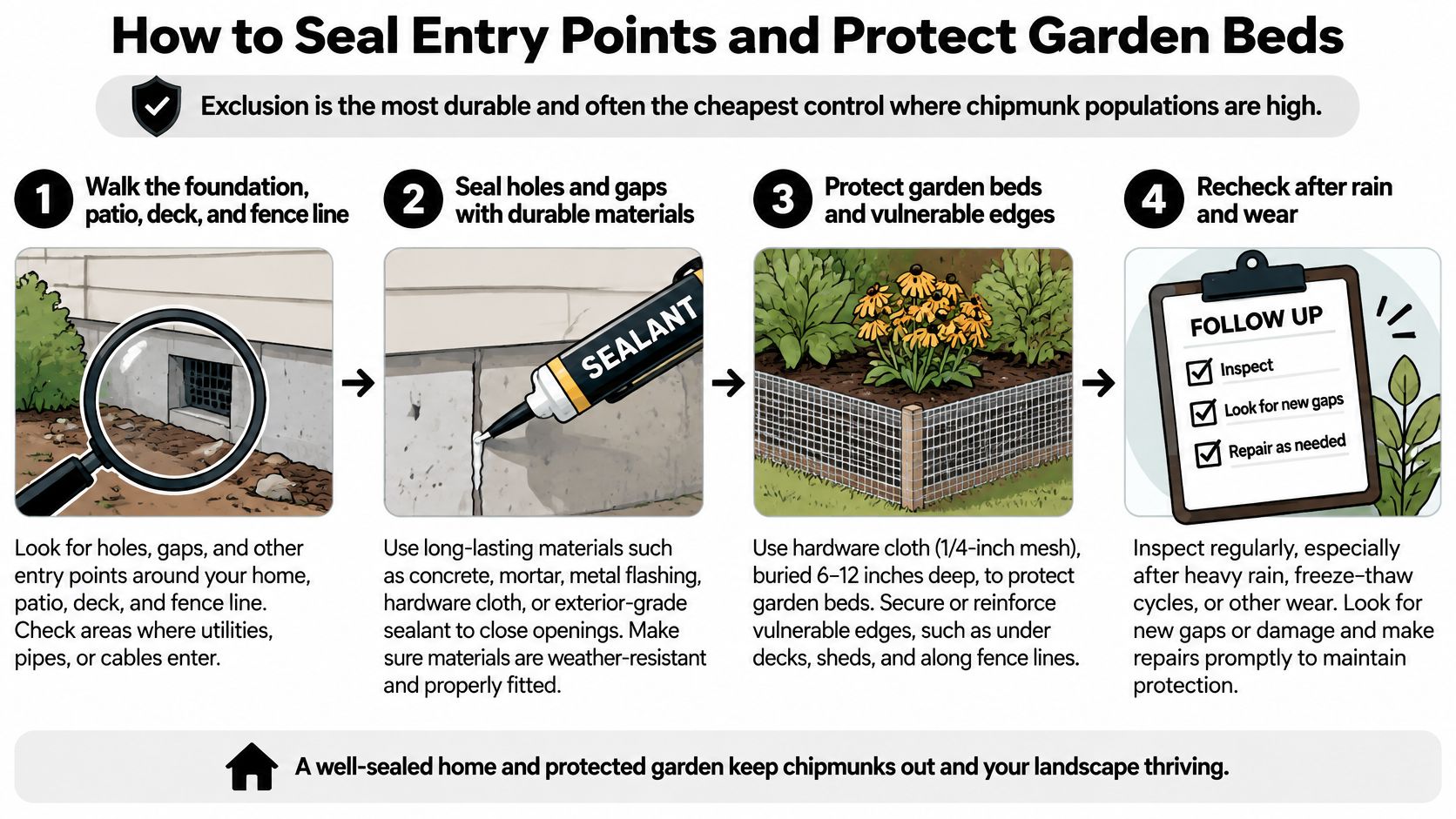 A four-step infographic illustrating methods to seal entry points and protect gardens from chipmunk infestation.