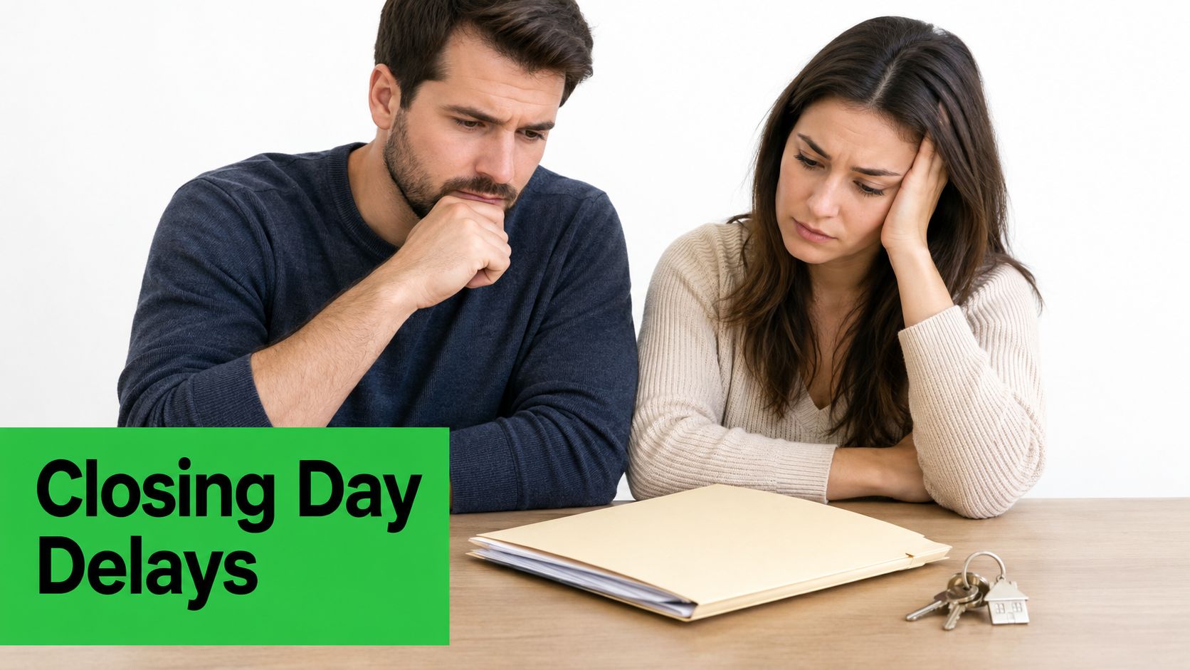 A concerned couple sitting at a table with house keys and documents during a real estate closing.