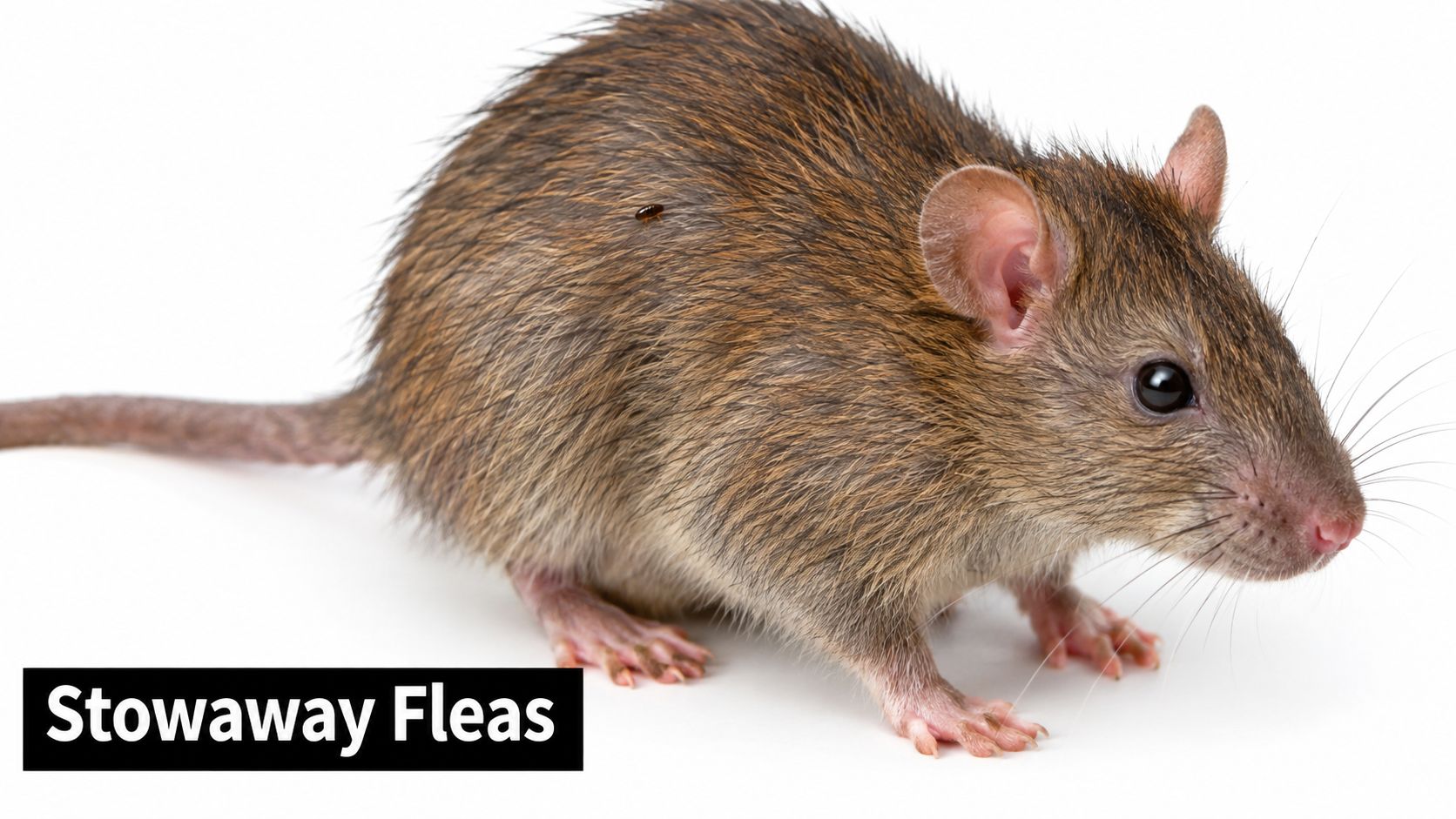 A close-up view of a brown rat with a small flea visible on its fur, isolated on white.