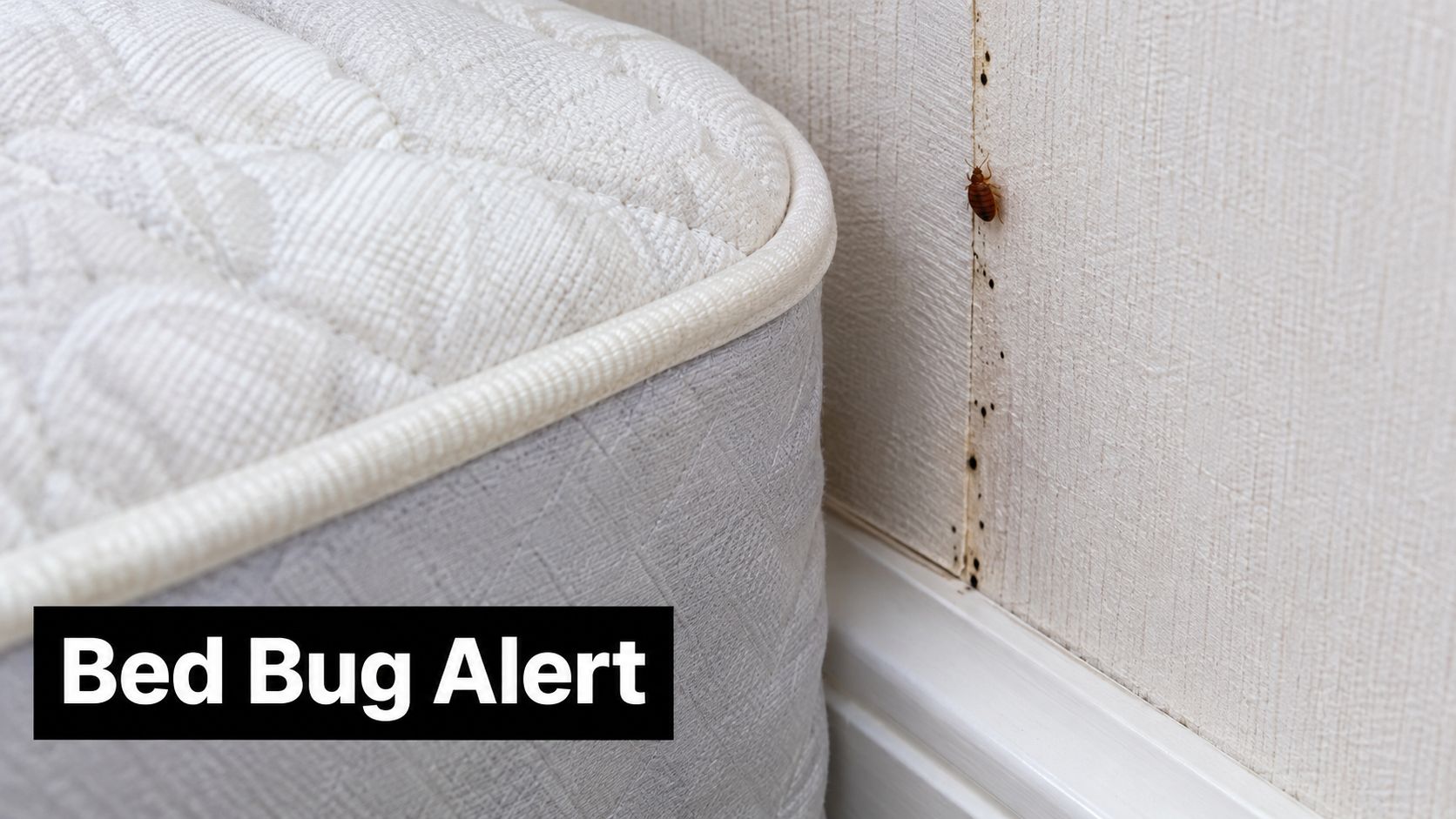 A close-up view of a bed bug crawling on a wall near a mattress baseboard corner.