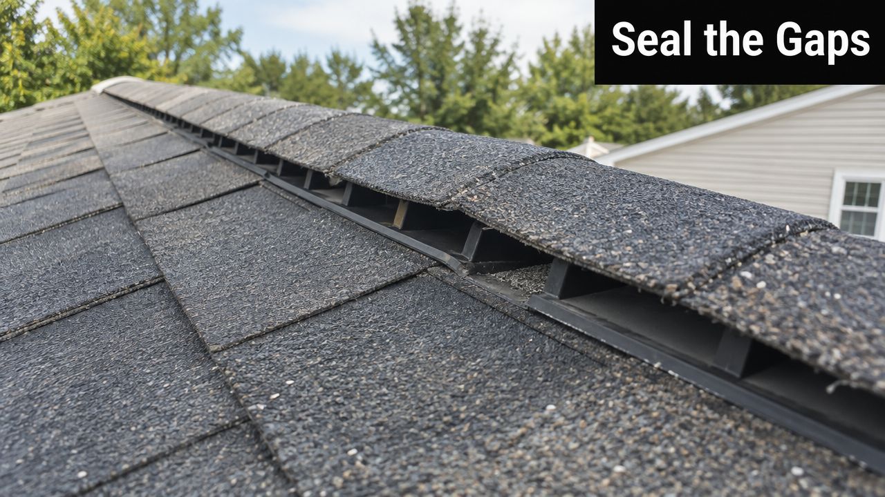 Close-up of a roof ridge vent with visible gaps allowing potential entry for pests and rodents.