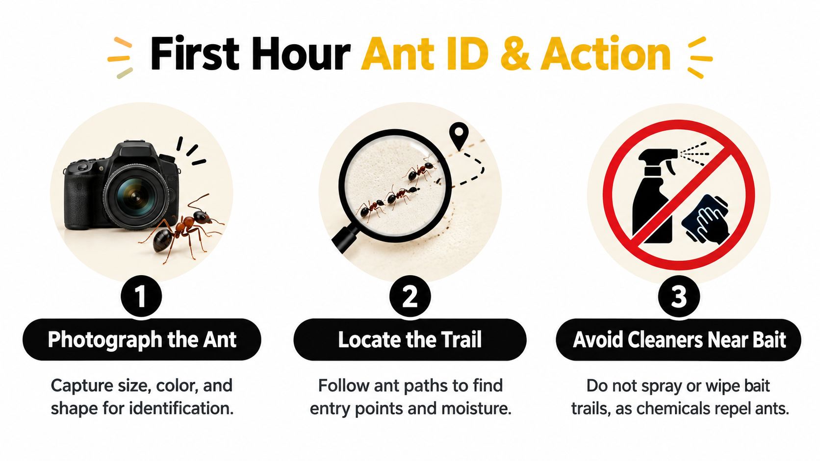 A three-step infographic explaining how to identify and manage ant infestations within the first hour.
