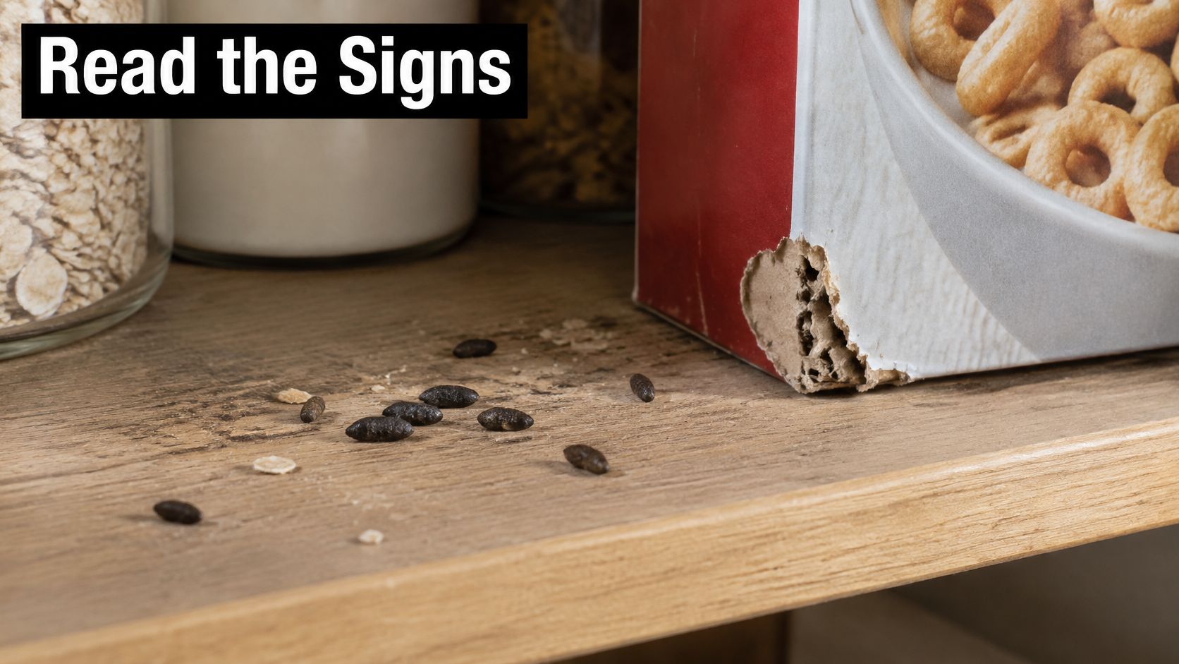 Droppings from rodents found next to a cereal box with a chewed hole on a wooden shelf.