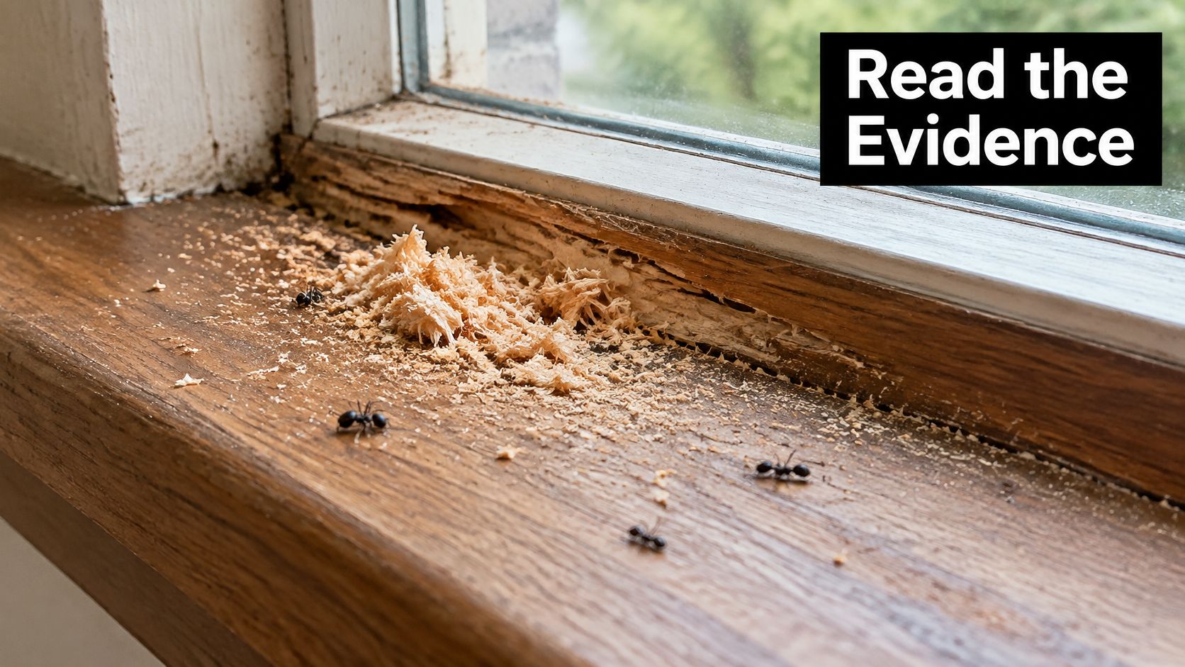 Carpenter ants and wood shavings on a window sill indicating a potential pest infestation in the home.