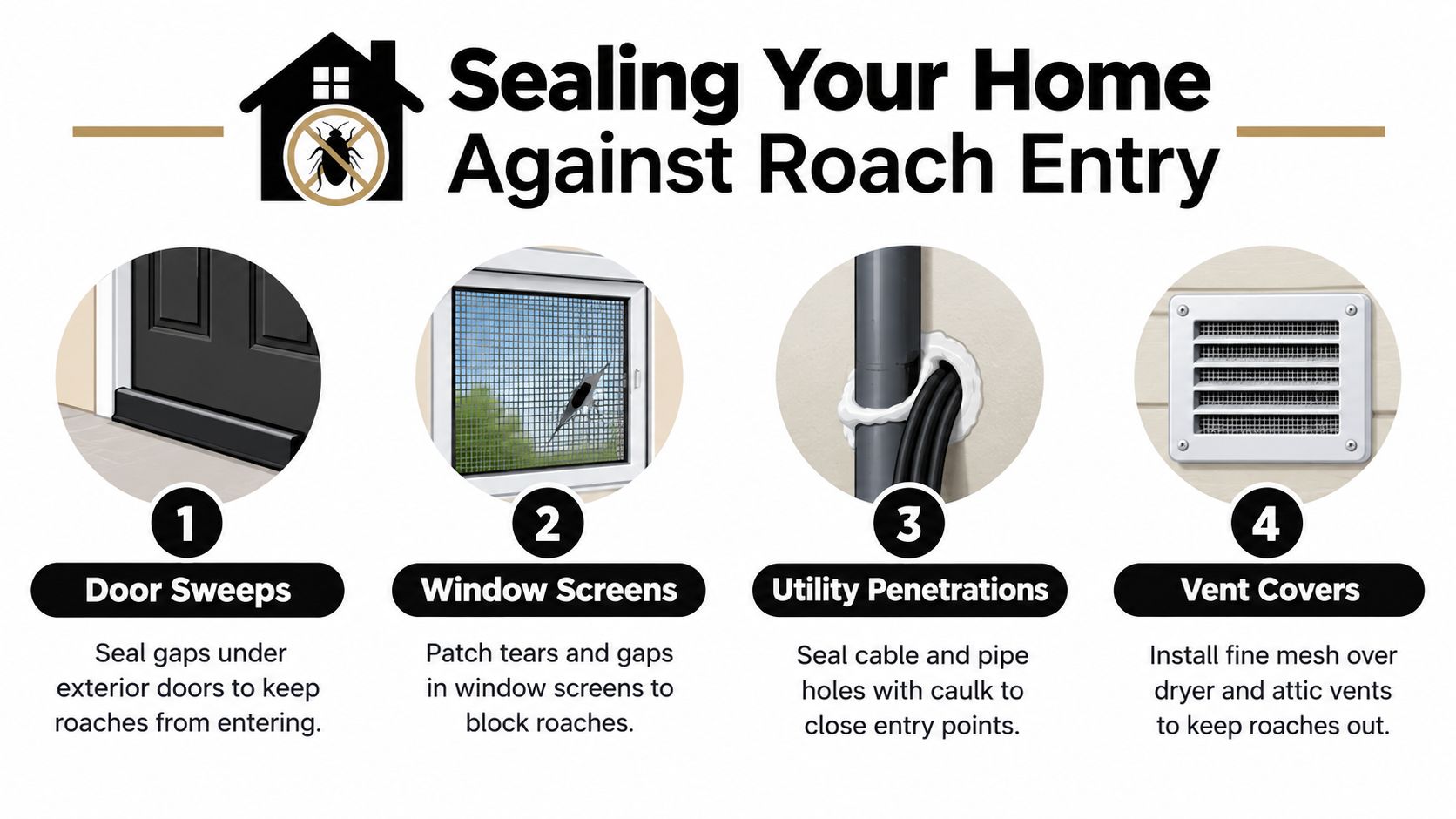 An infographic showing four effective home maintenance tips to seal entry points and prevent cockroach infestations.